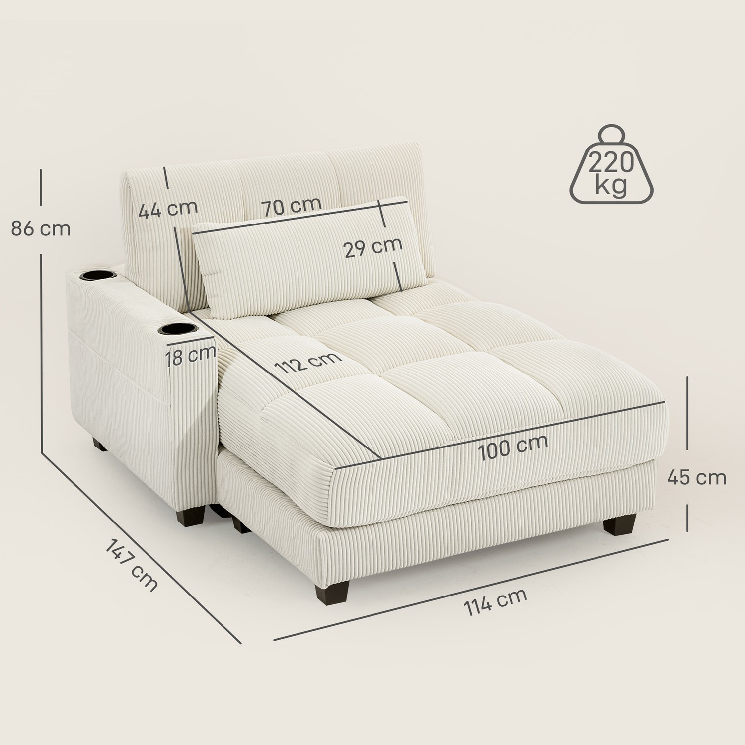 Sofá-cama conversível com almofadas, porta-copos, branco creme