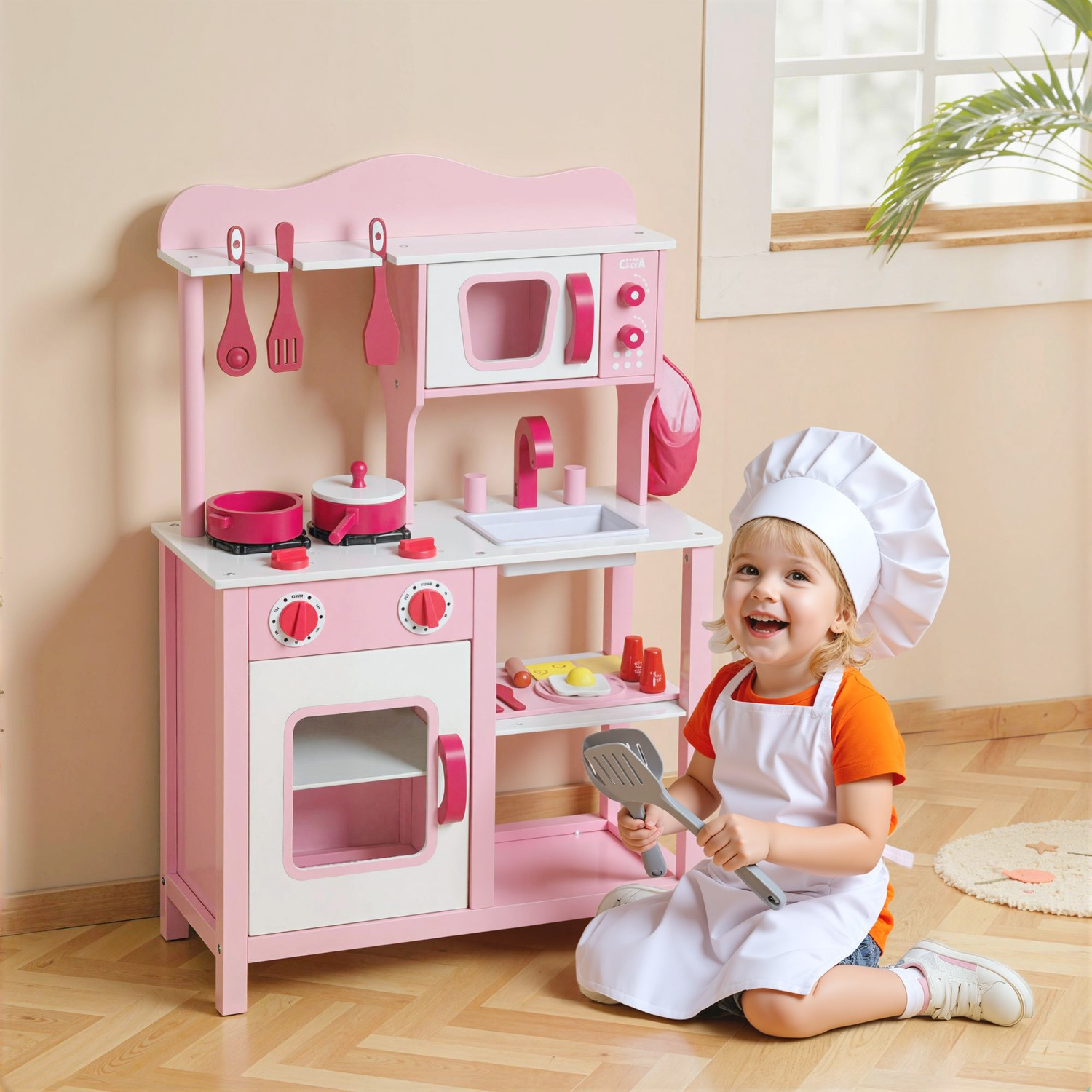 Cocina de madera con accesorios – Rosa, compacta