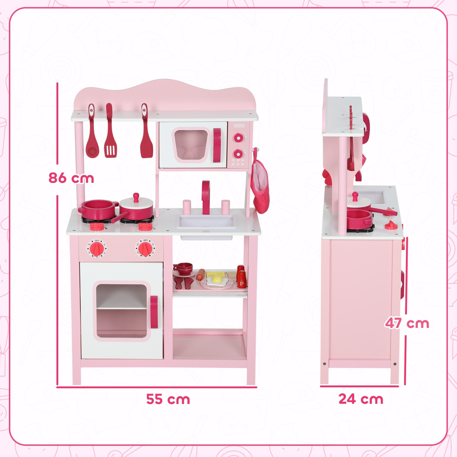 Cocina de madera con accesorios – Rosa, compacta