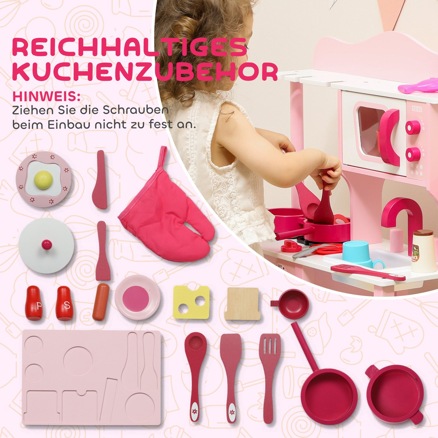 Cuisine en bois avec accessoires – Rose, format compact