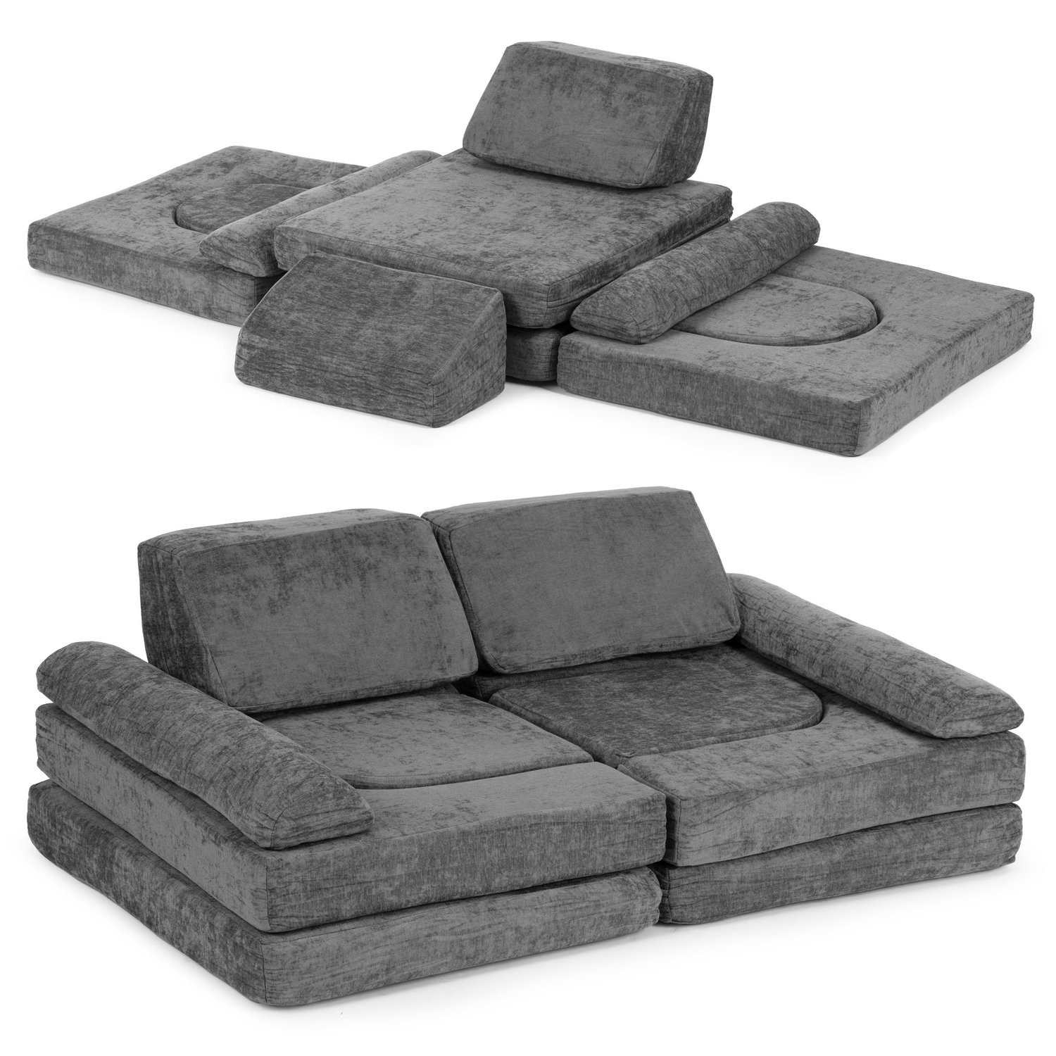Sofá infantil modular com 10 almofadas, tecido chenille.