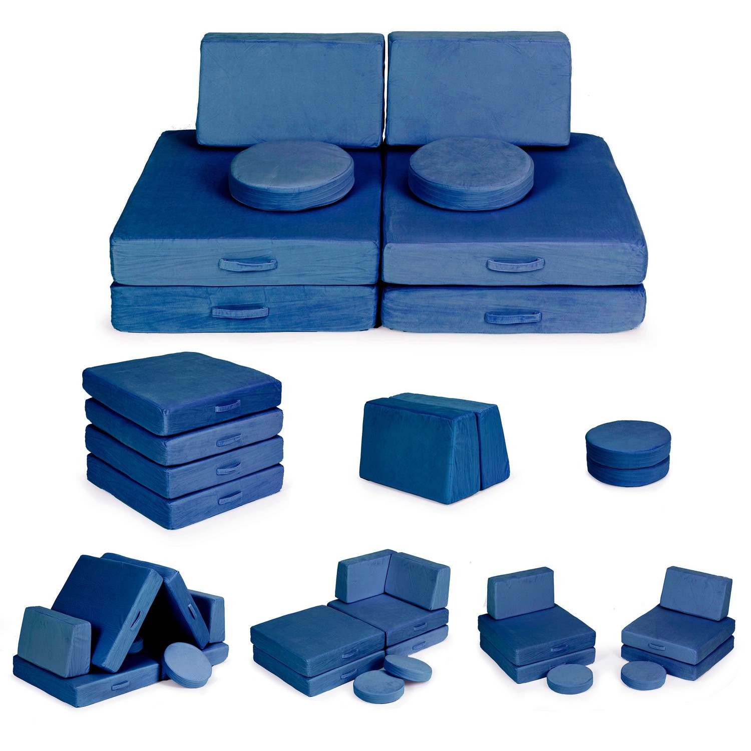 Divano modulare per bambini con 8 cuscini, blu