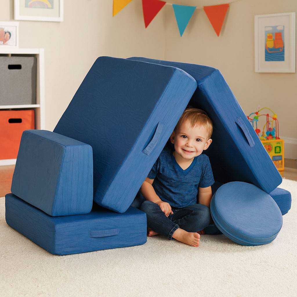 Divano modulare per bambini con 8 cuscini, blu