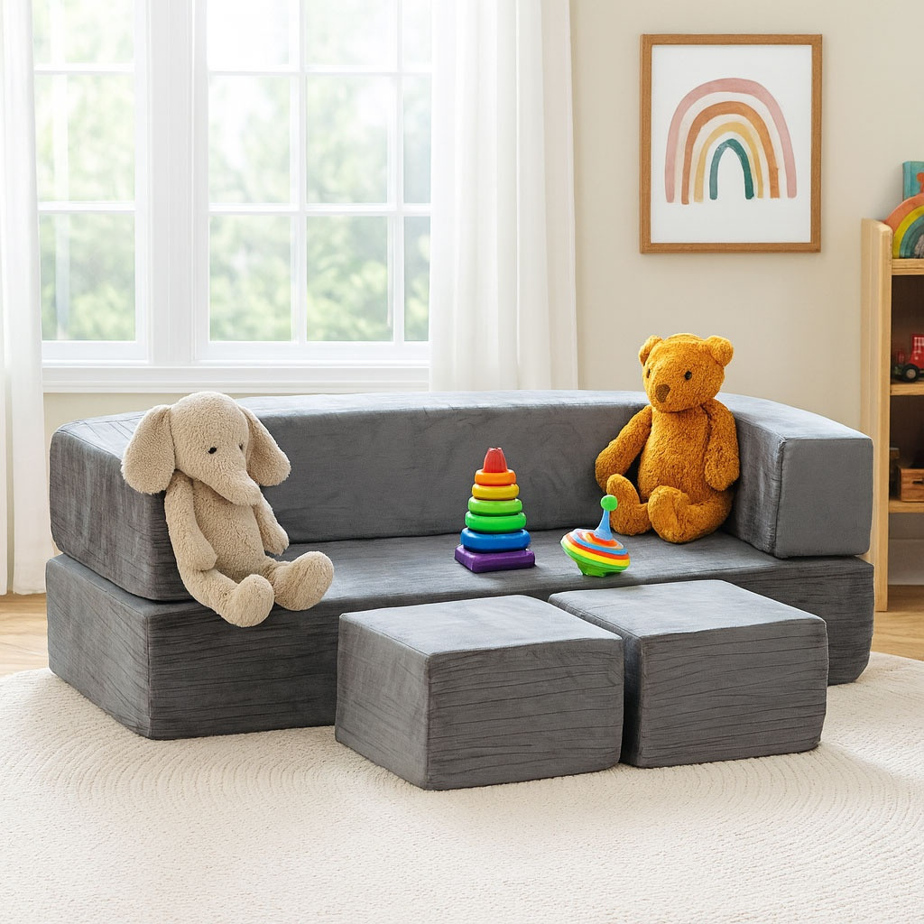 Sofá infantil modular com 4 almofadas – Cinza
