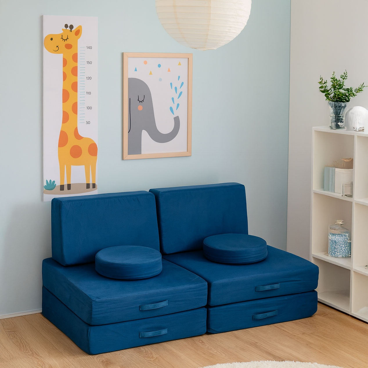 Divano modulare per bambini con 8 cuscini, blu
