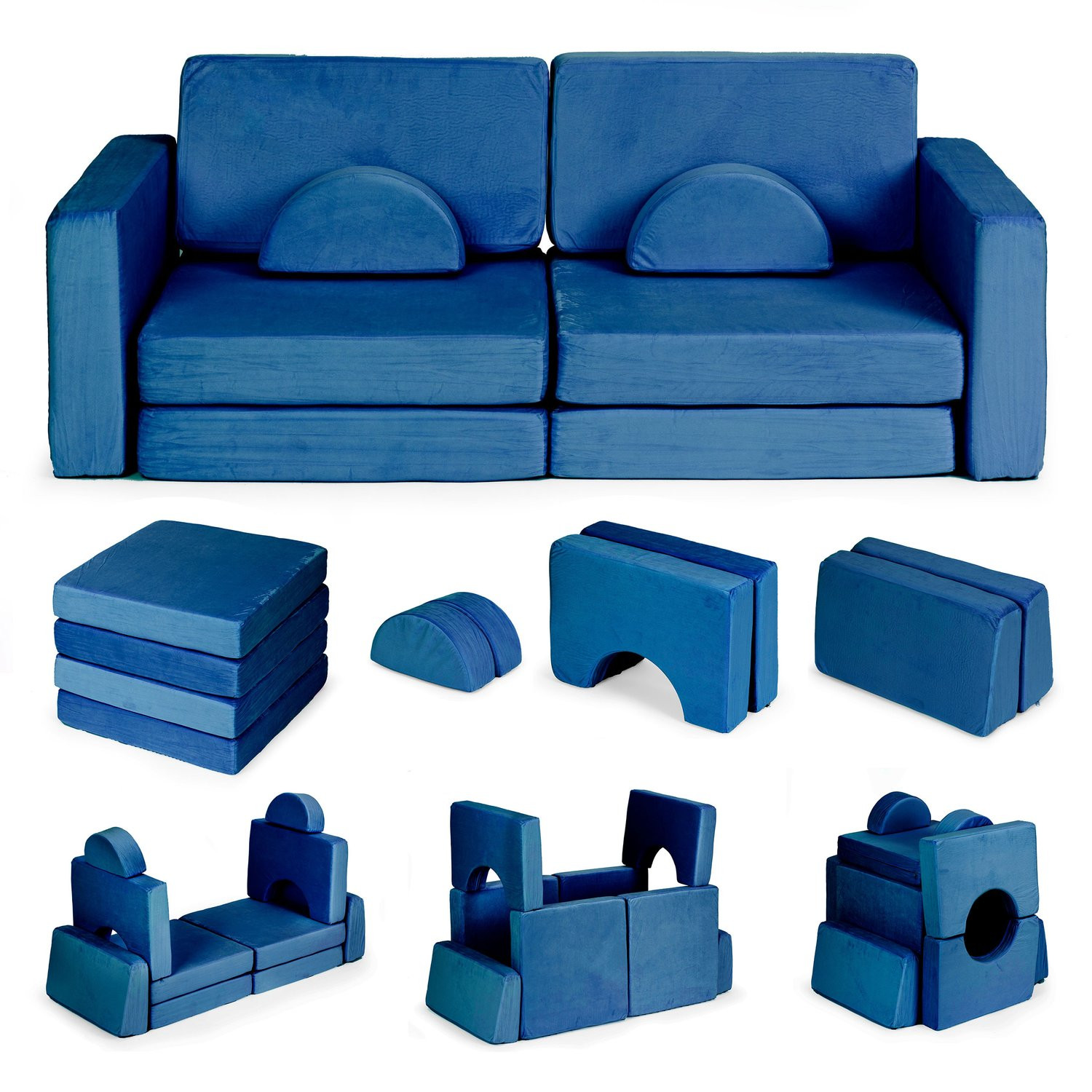 Sofá infantil modular com 10 almofadas, azul, para 2 pessoas.
