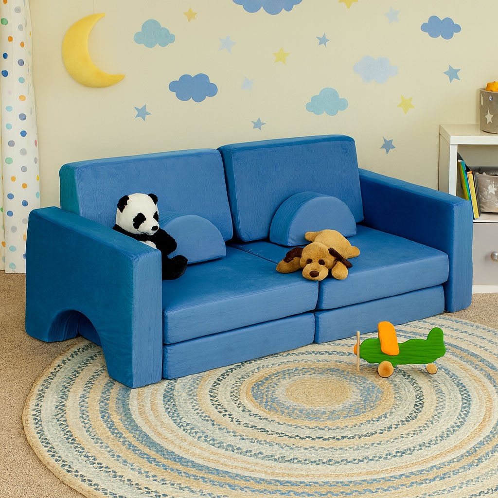 Divano modulare per bambini con 10 cuscini, blu, 2 posti