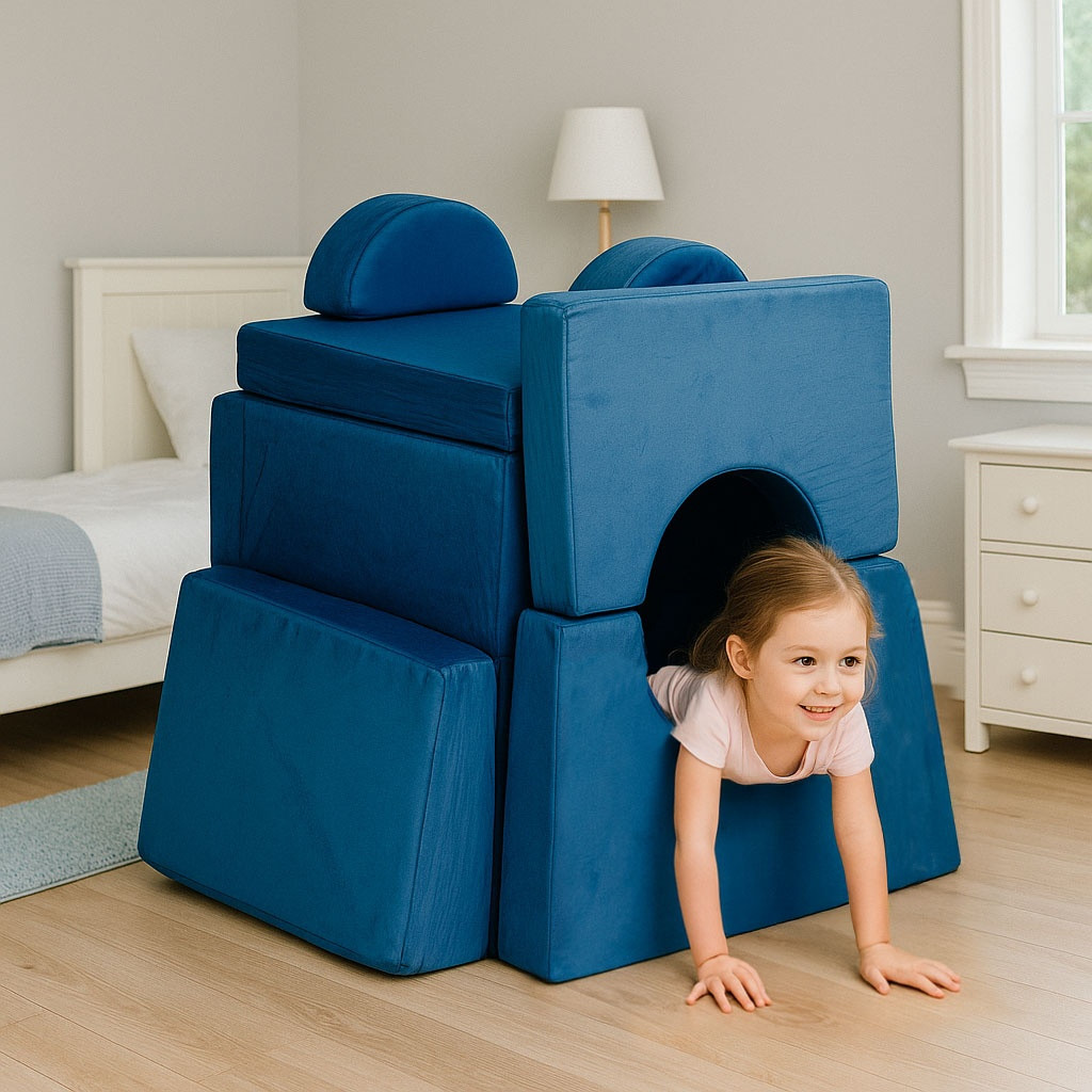 Divano modulare per bambini con 10 cuscini, blu, 2 posti