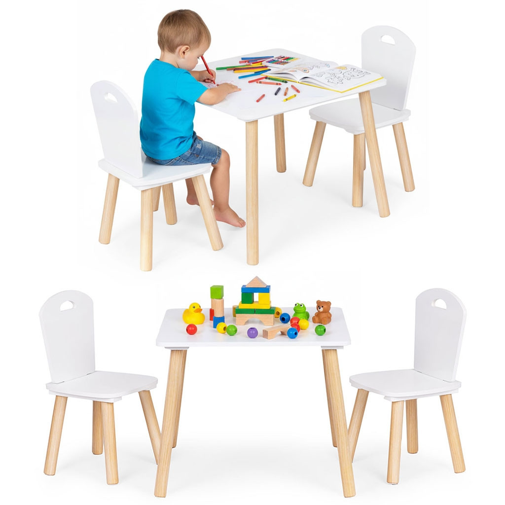 Conjunto de mesa e 2 cadeiras infantis, madeira e MDF, branco