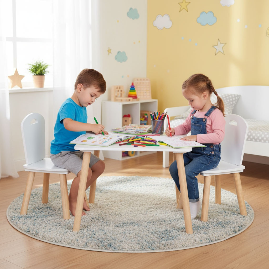 Conjunto de mesa e 2 cadeiras infantis, madeira e MDF, branco