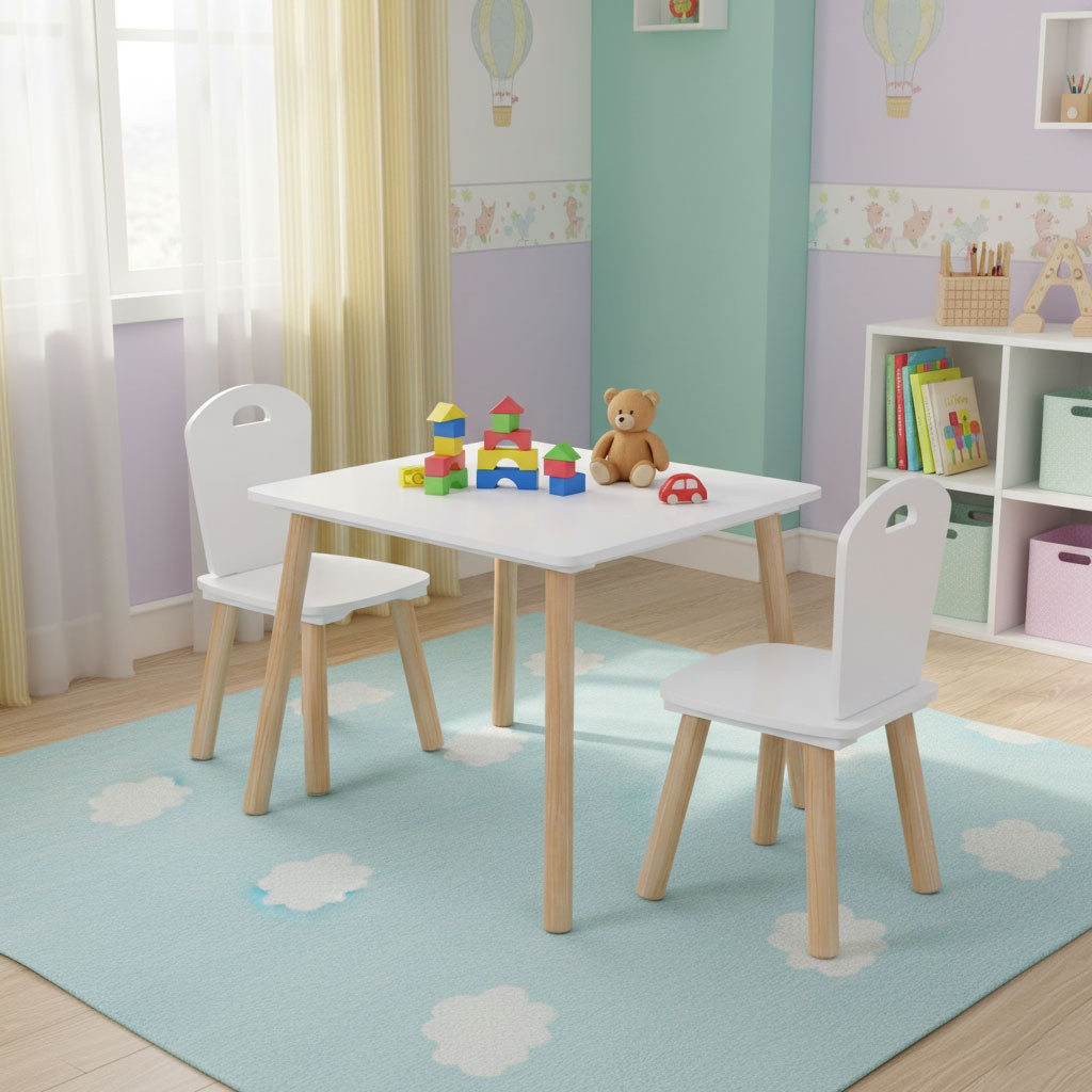 Conjunto de mesa e 2 cadeiras infantis, madeira e MDF, branco