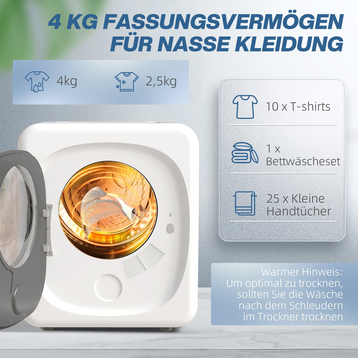 Asciugatrice compatta, capacità 4 kg, 5 modalità, timer