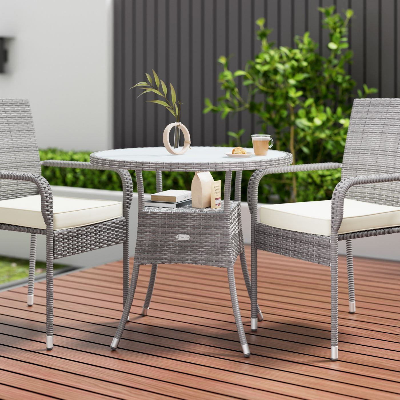 Round Grey Polyrattan Table with Shelf, Ø60cm