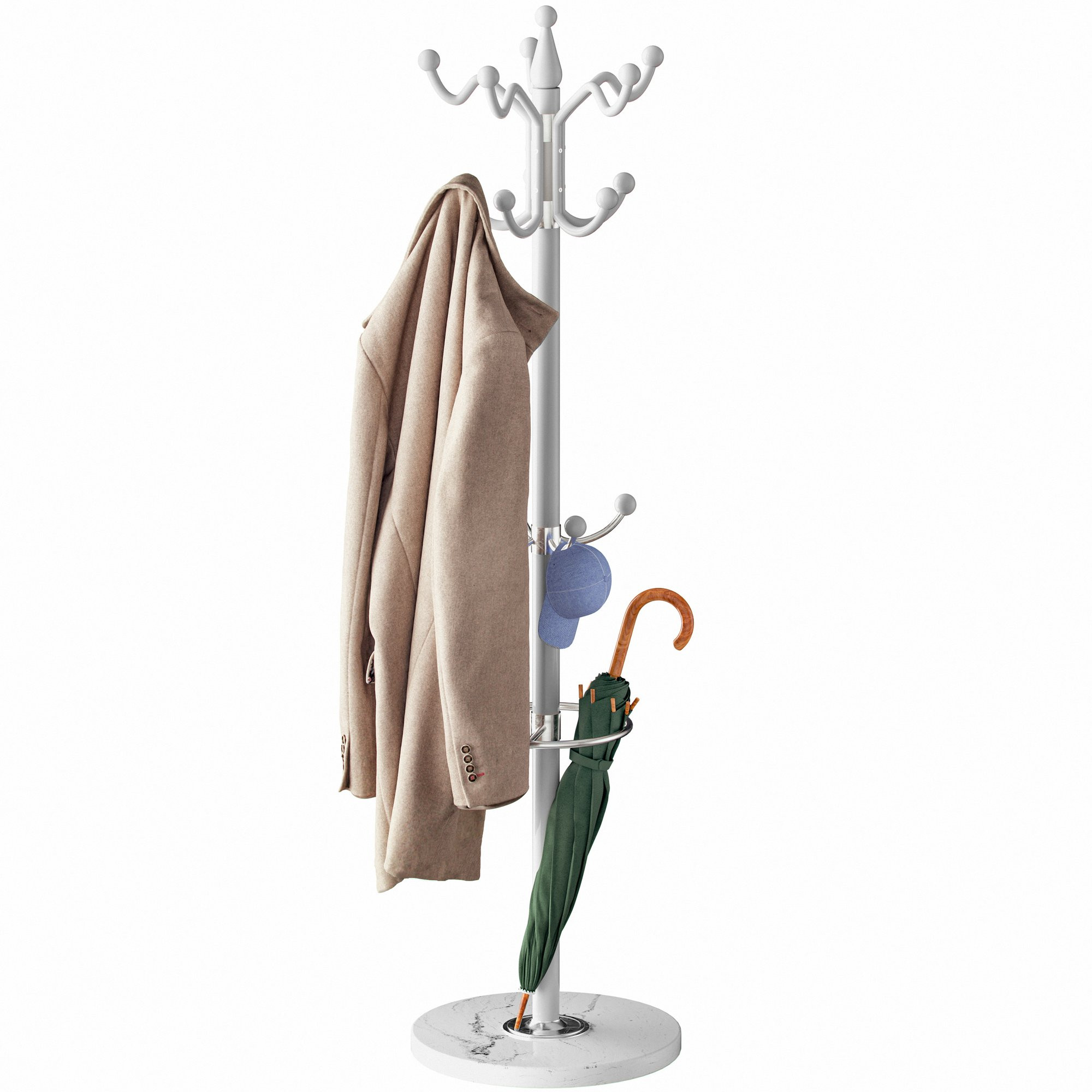 Coat Rack with 14 Hooks, Marble Base, 360 Rotating