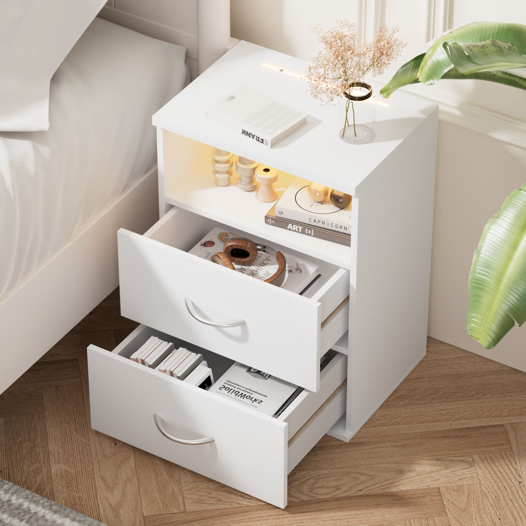Bedside Table with LED Light, USB Port, 2 Drawers