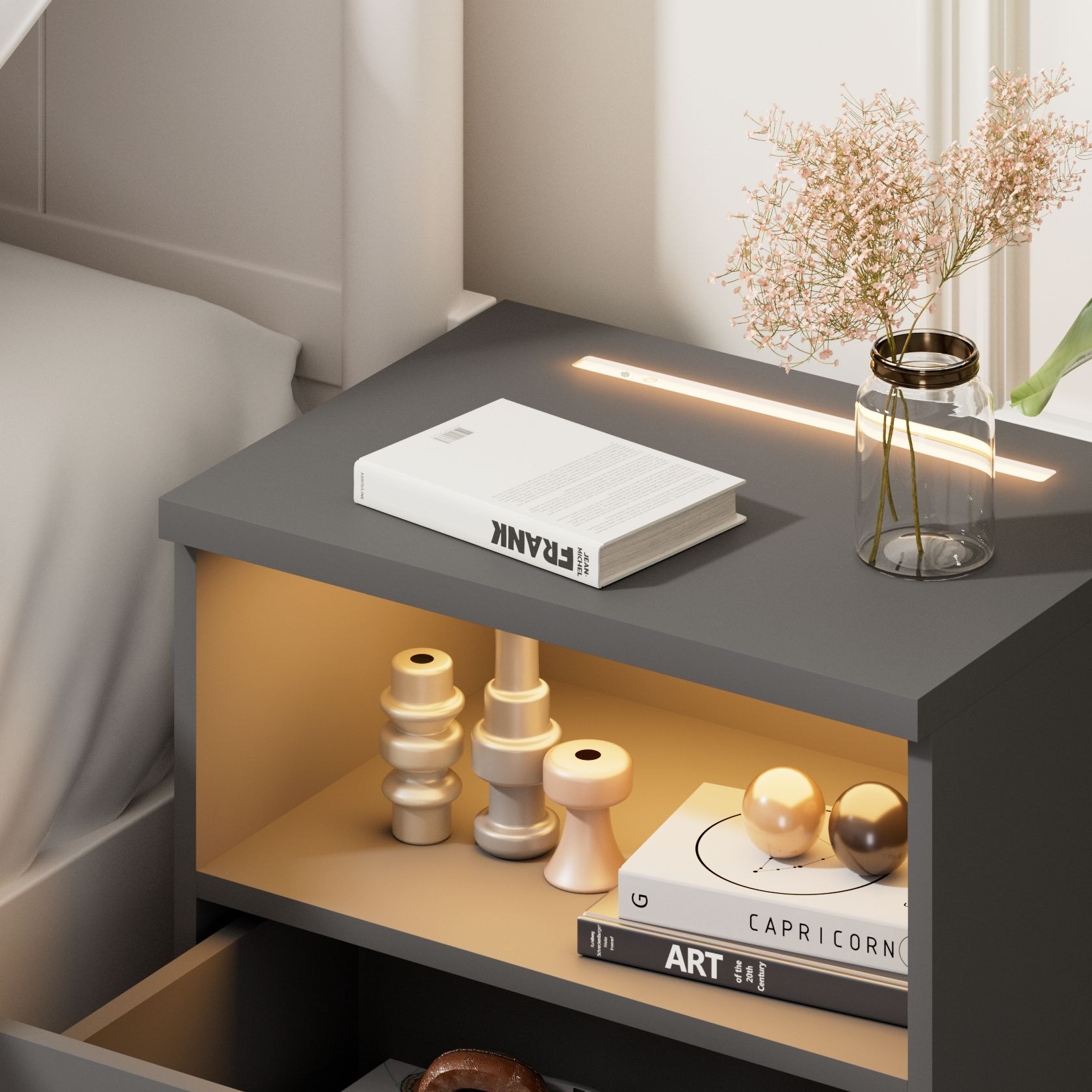 Bedside Table with LED Light, Anthracite, 55x40x28 cm