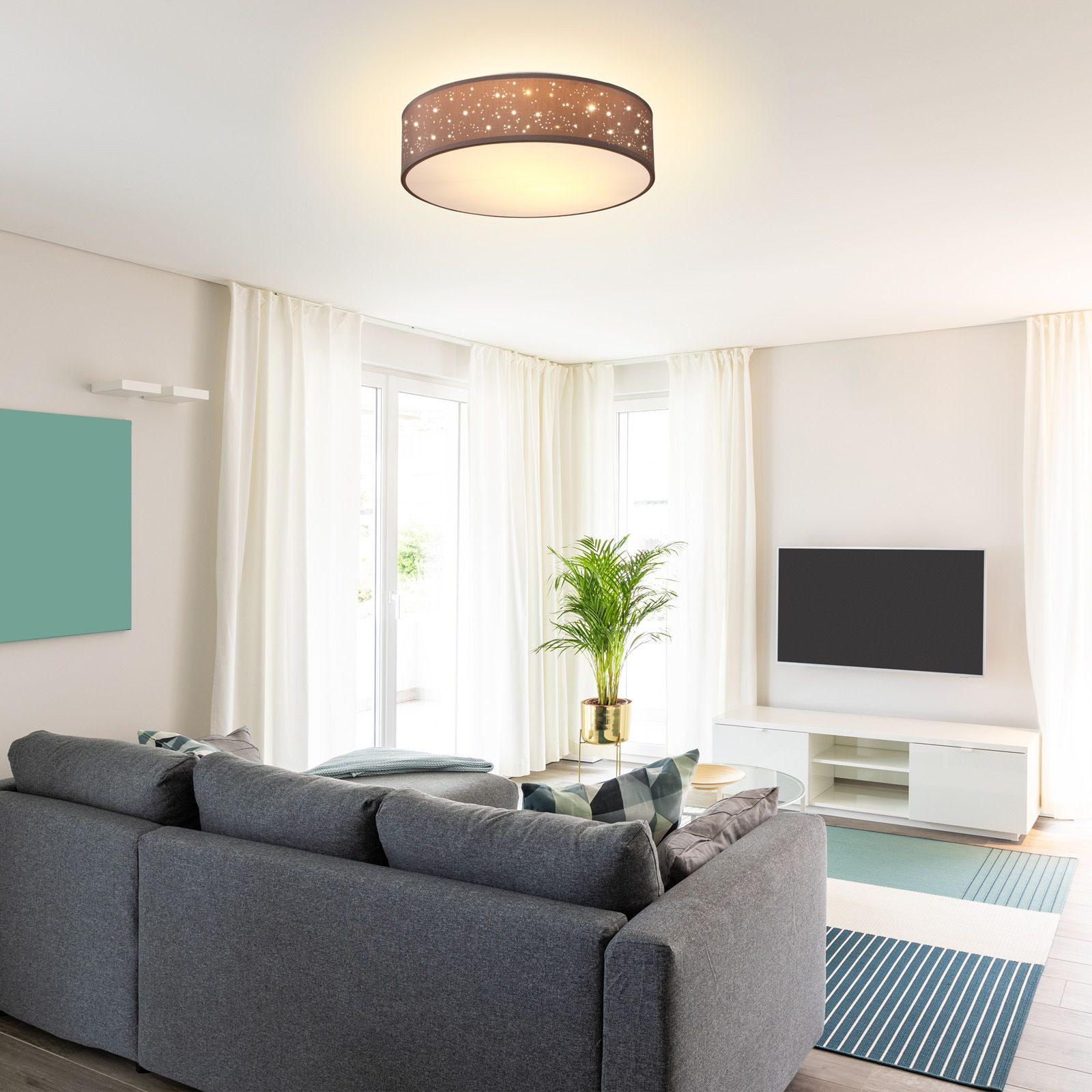 Ceiling Lamp, Fabric Shade, 38 cm, Taupe, E27 Socket