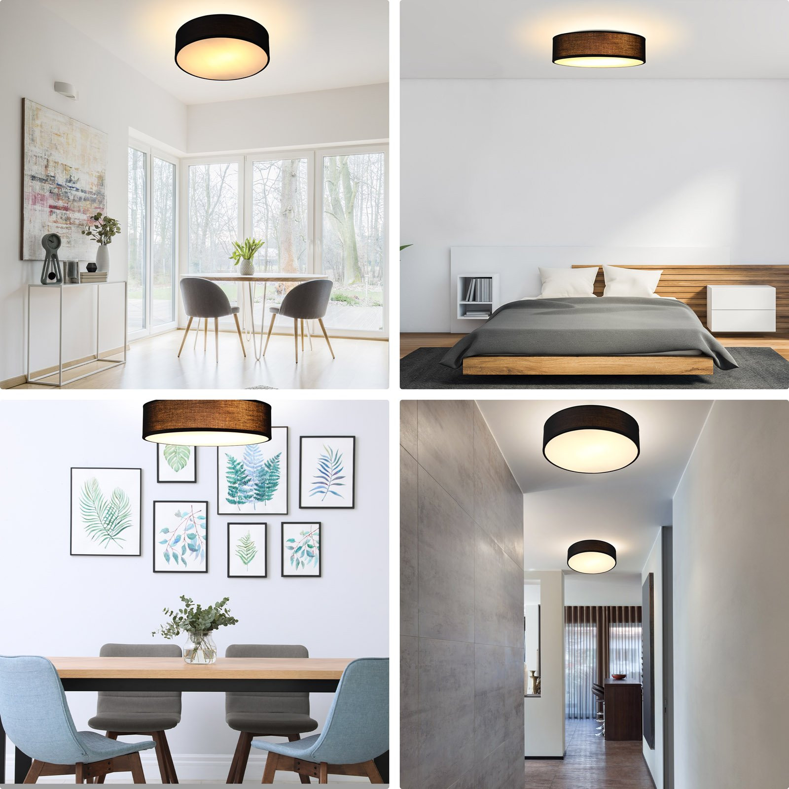 Ceiling Lamp, Black Fabric, 38 cm, 2 E27 Sockets