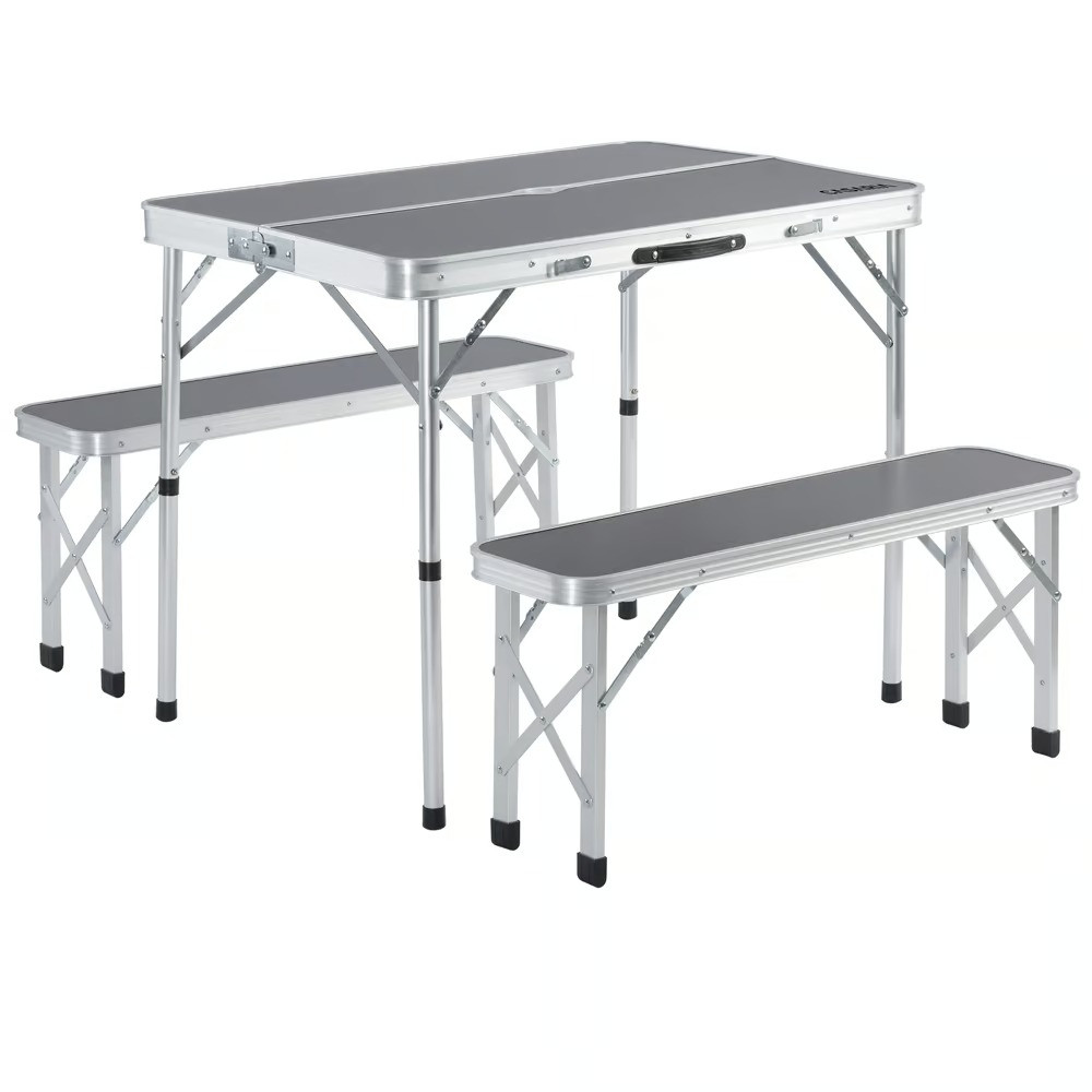 Camping Table and Bench Set, 3-Piece, Foldable, Lightweight, Grey