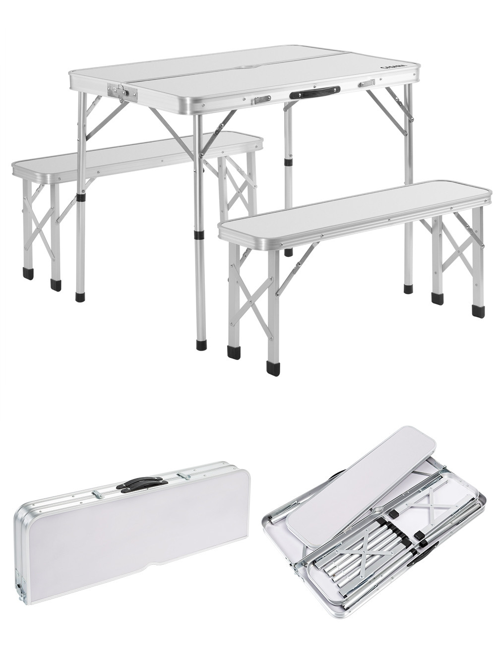 Camping Table & Bench Set, Foldable Aluminium, White