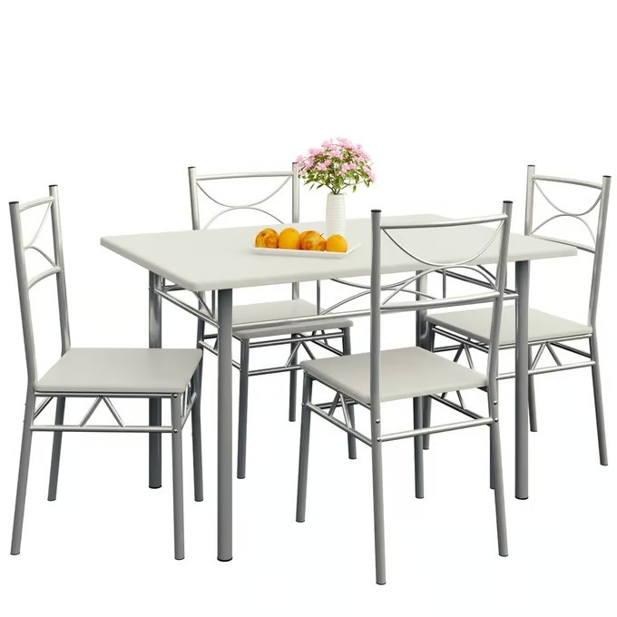 Set da pranzo, 5 pezzi, bianco, metallo e MDF
