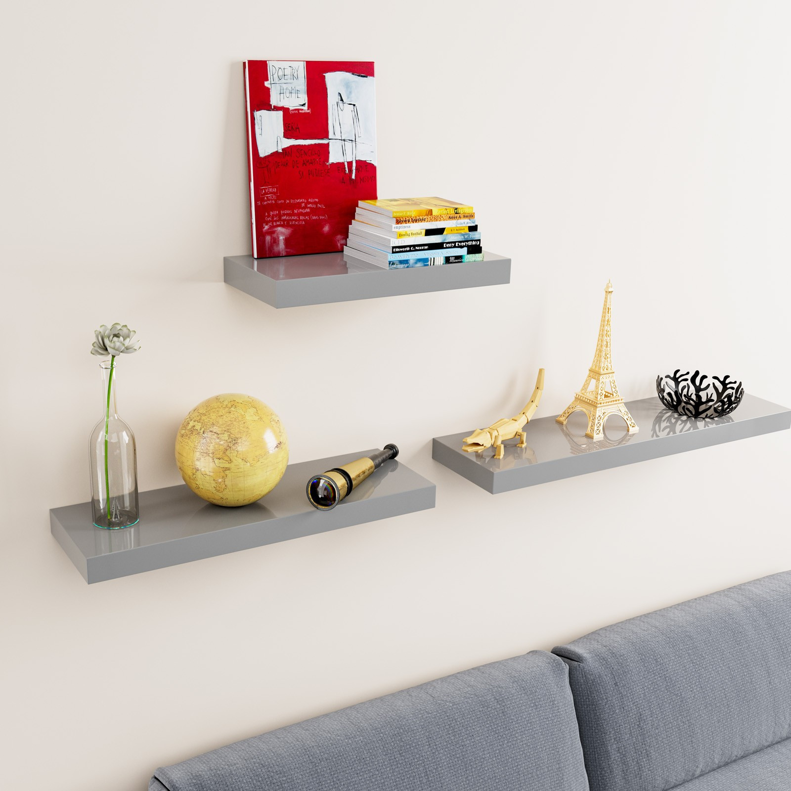 Floating Shelf, High-Gloss Grey, 110 cm, MDF