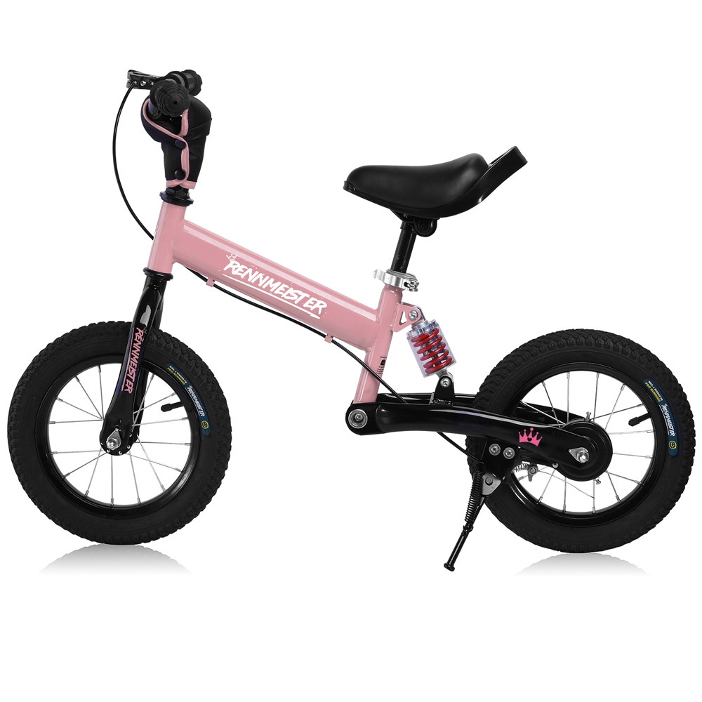 Bicicleta de equilíbrio rosa de 12 polegadas com suspensão e suporte.