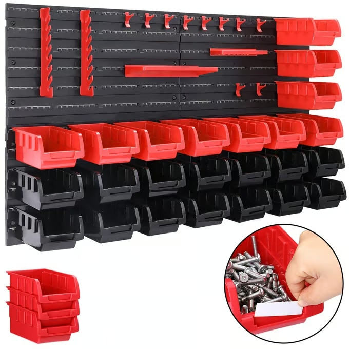 Wall-Mounted Storage Bin Unit, 43-Piece Set with Hooks