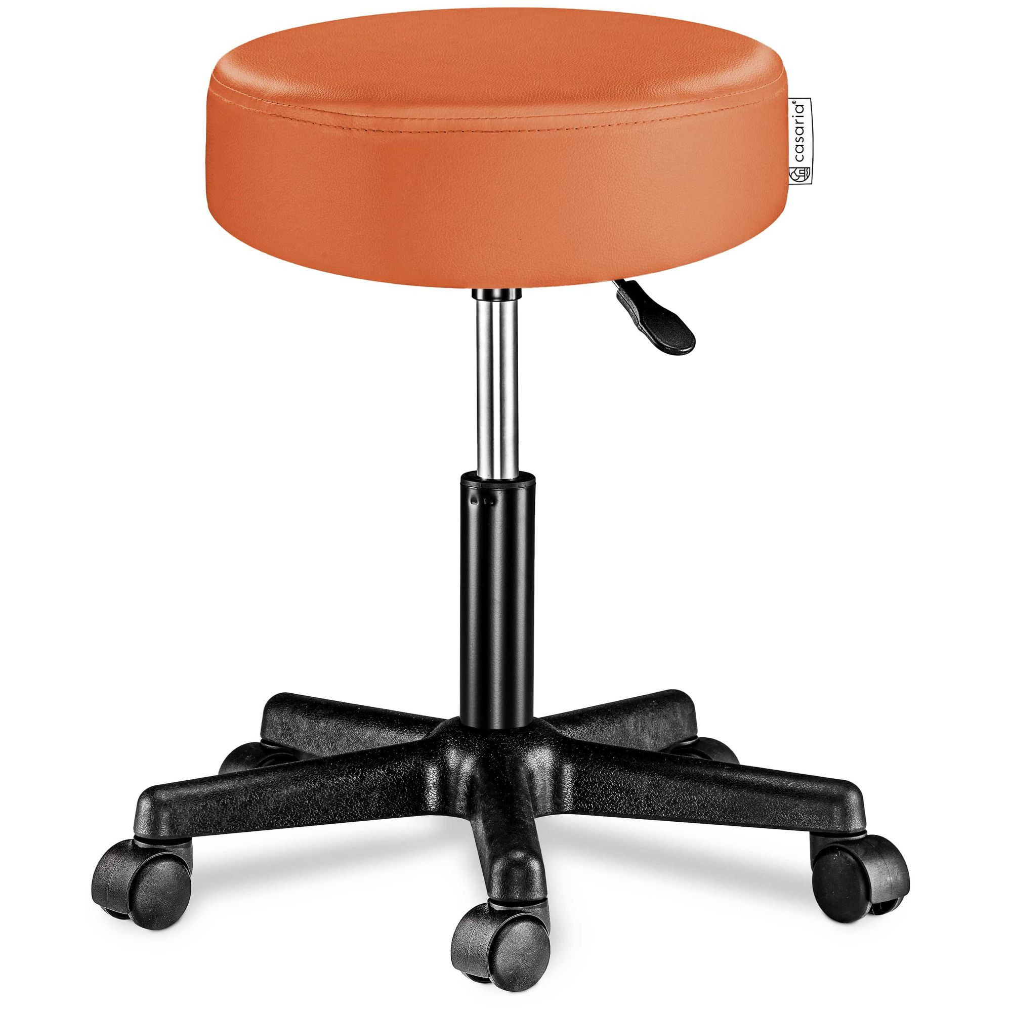 Stool with Wheels, Orange PU Leather, Height Adjustable
