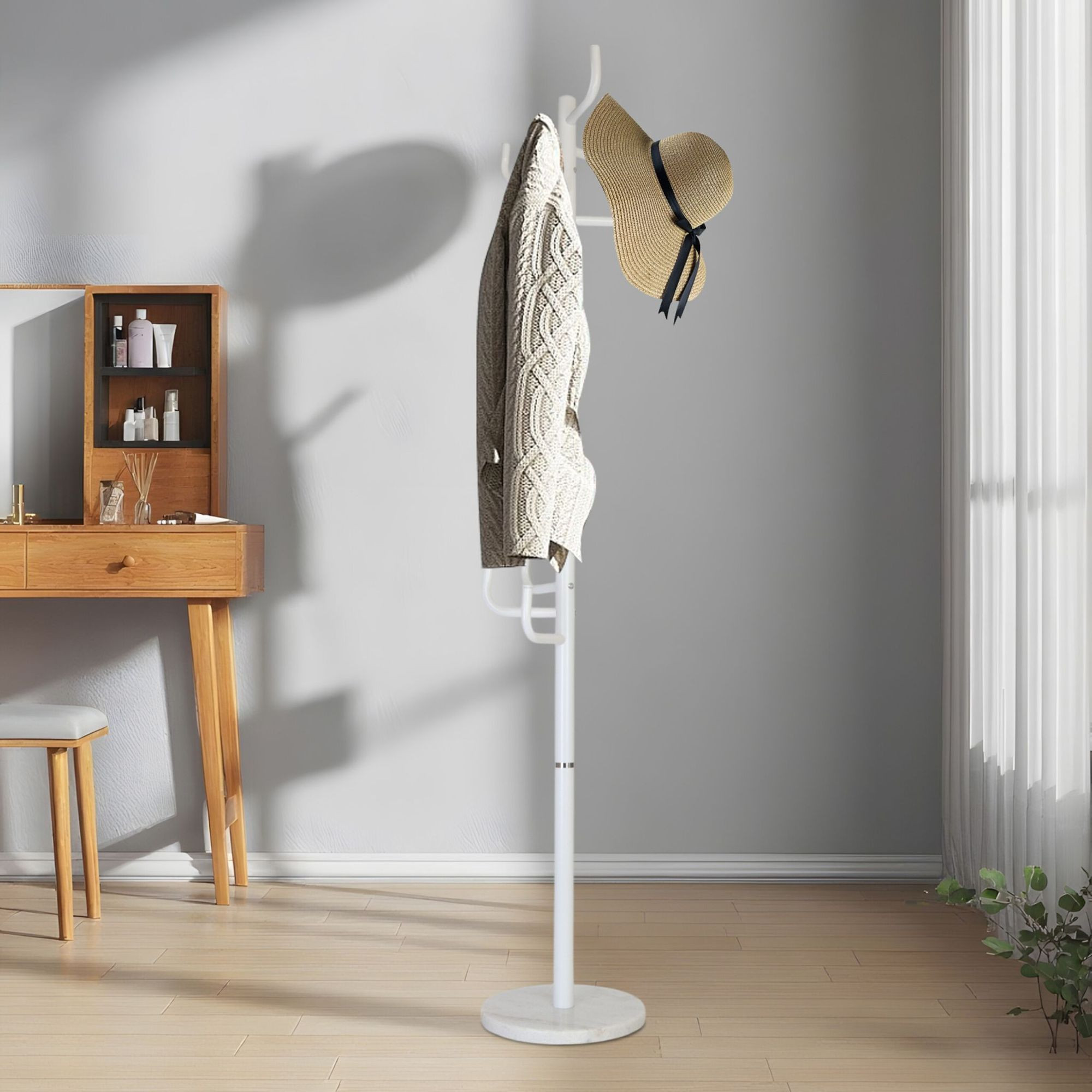 Coat Rack with 8 Hooks, Iron Frame, Marble Base