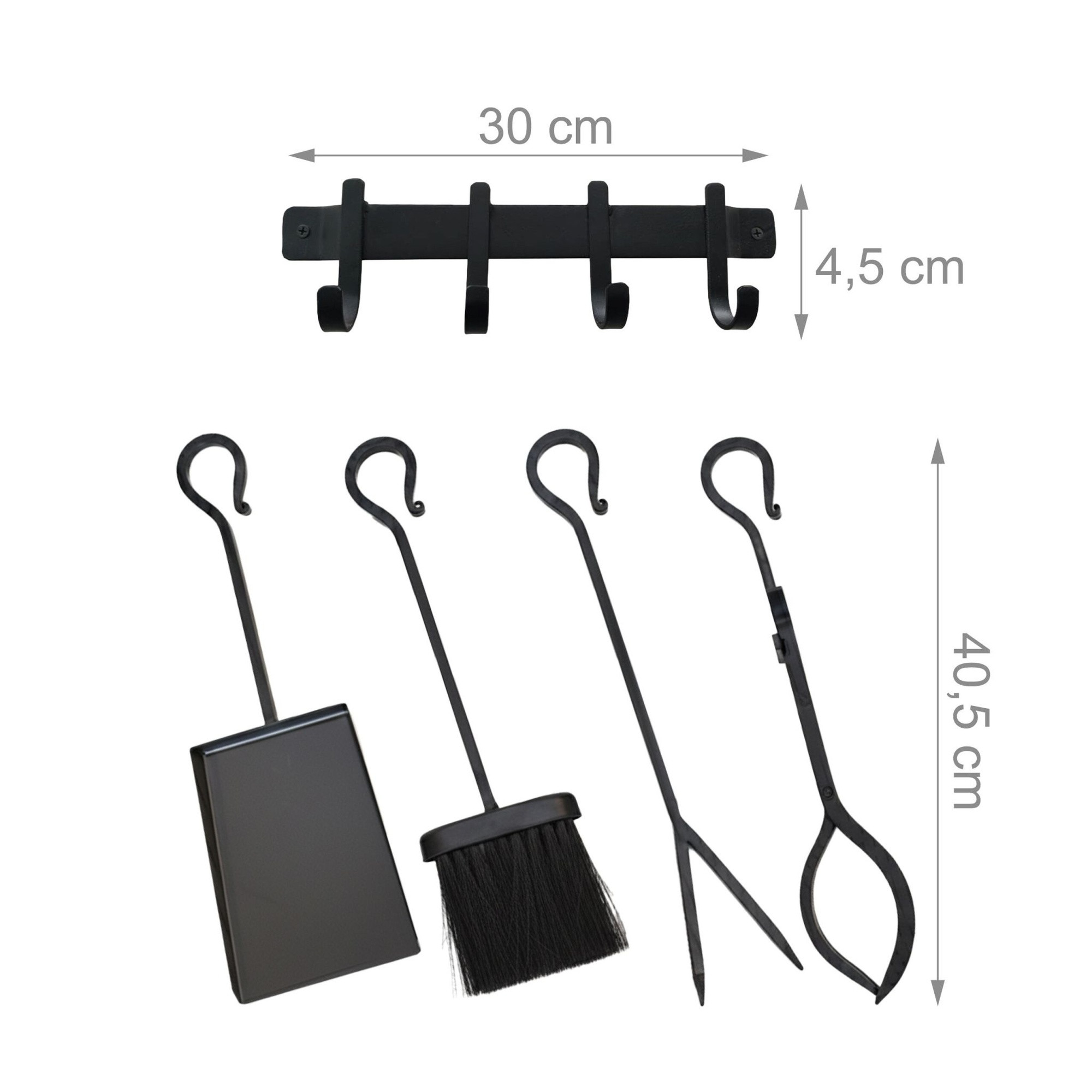 Ensemble d'accessoires de cheminée, en fer forgé, support mural