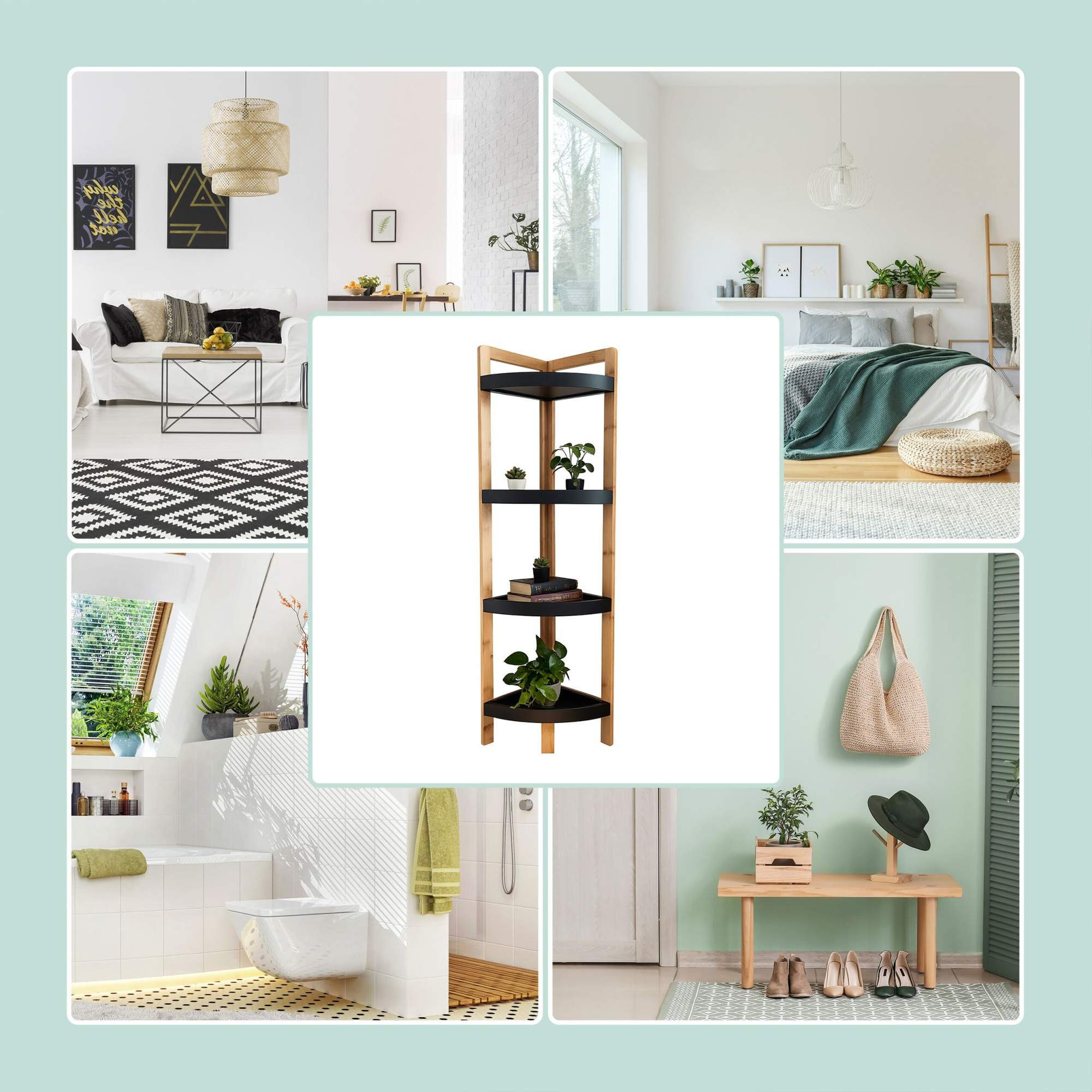 Bamboo Corner Shelf with Racks, Space-Saving Design