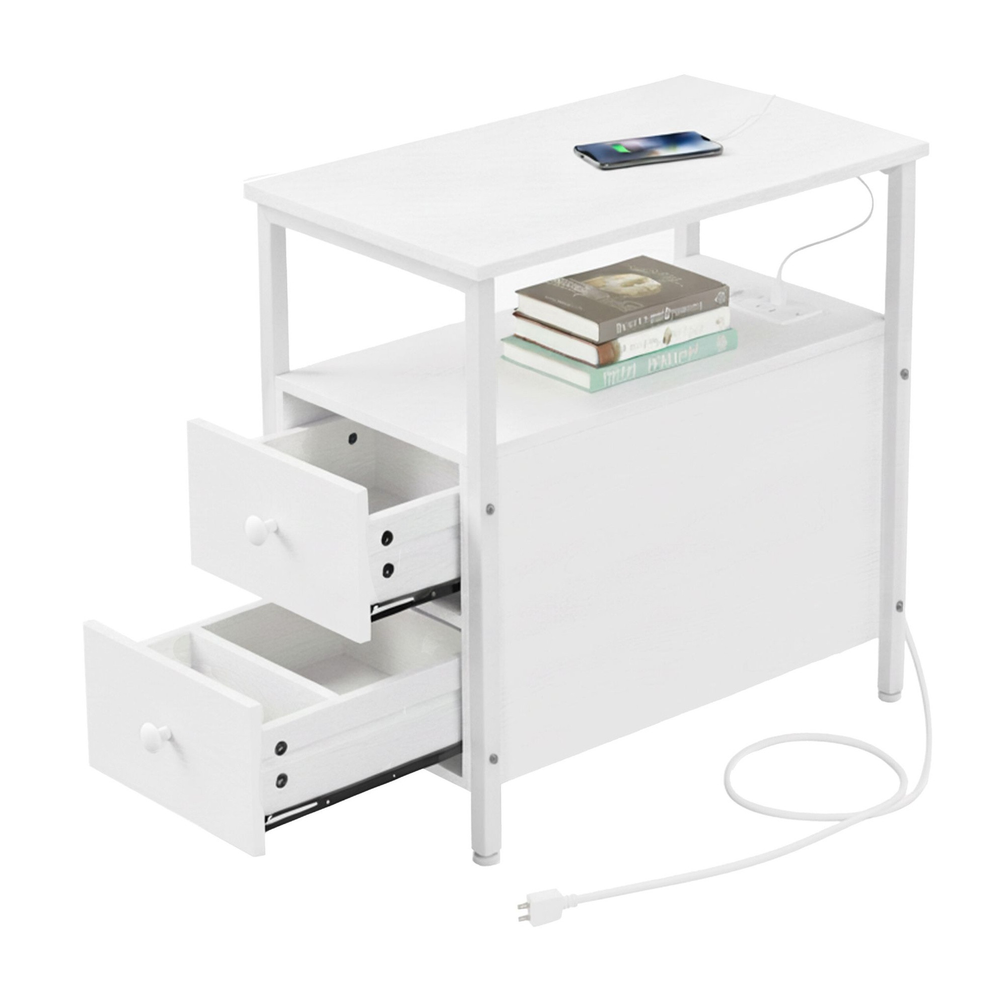 Mesa lateral com portas USB e tomadas elétricas.