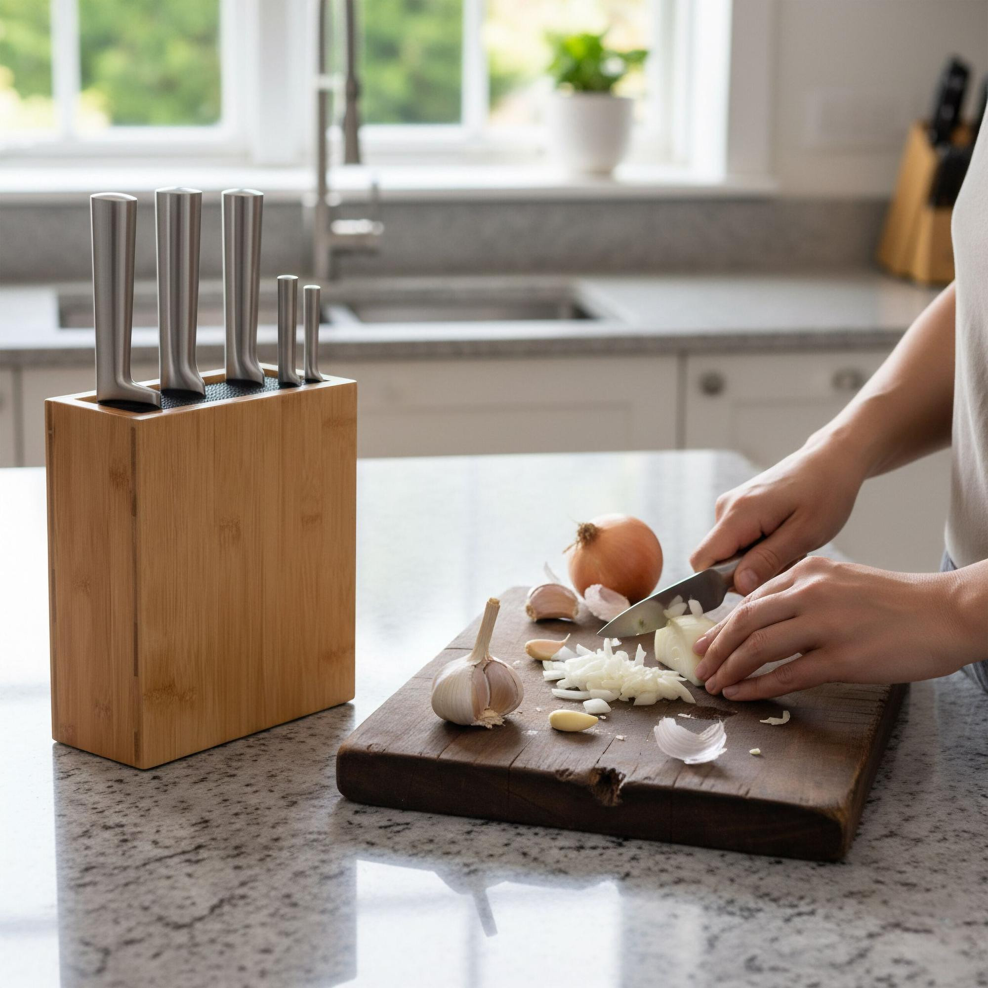 Bloco de facas de bambu com inserção de cerdas flexíveis