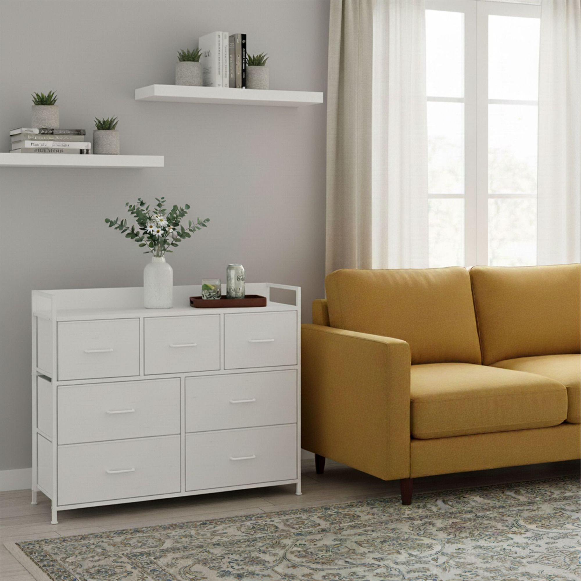 Kommode, 7 Stoffboxen, Metall & MDF