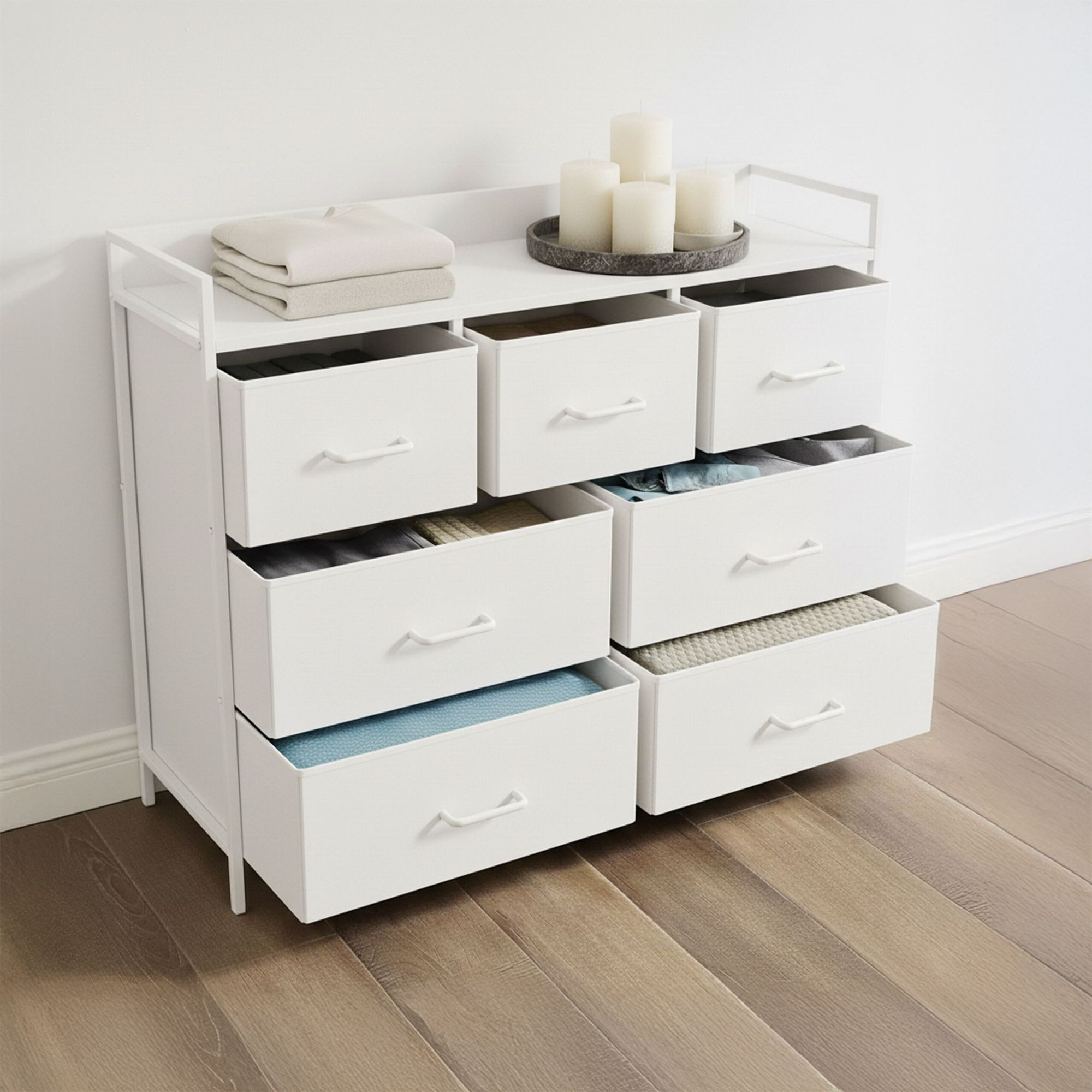Kommode, 7 Stoffboxen, Metall & MDF