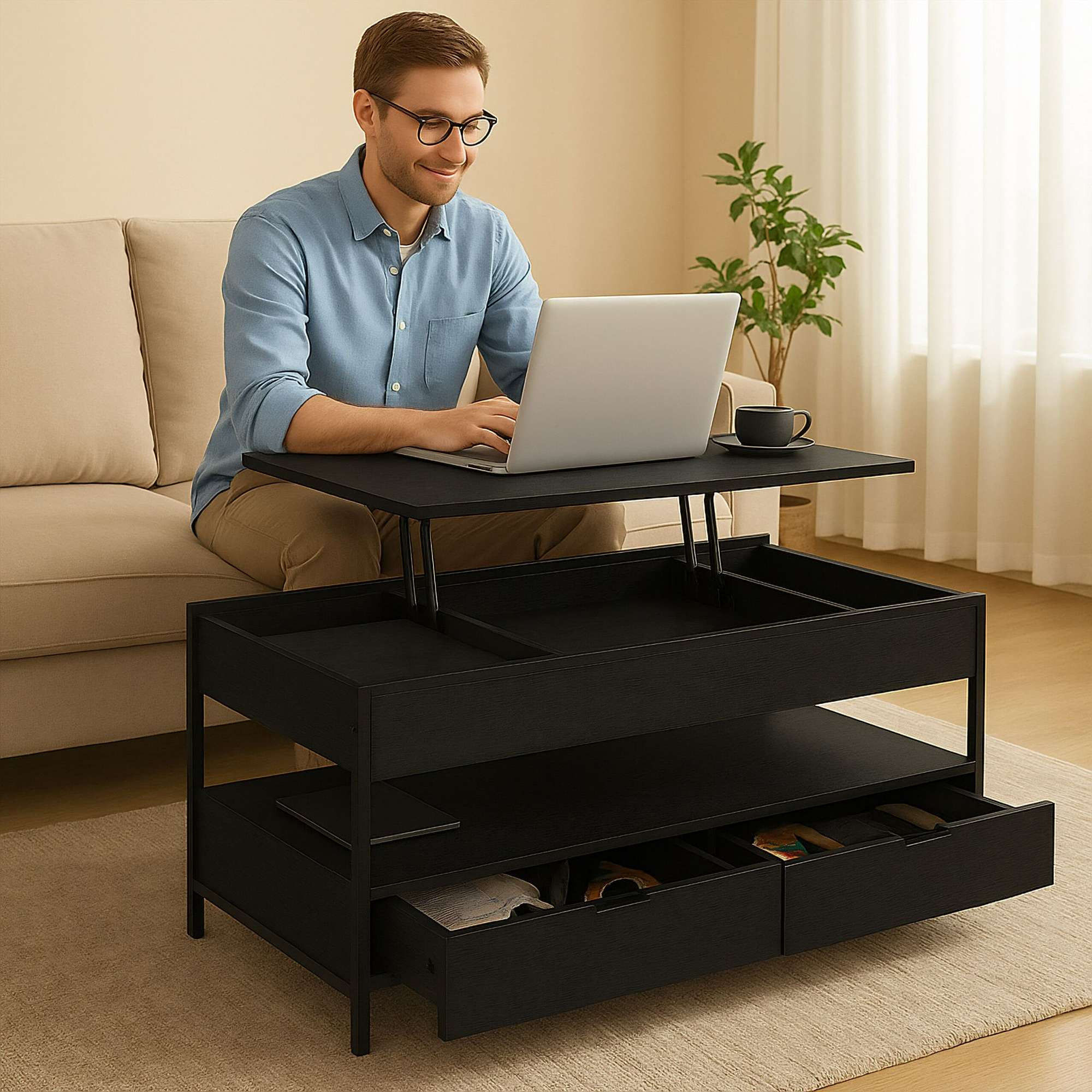 Table basse avec rangement, hauteur réglable