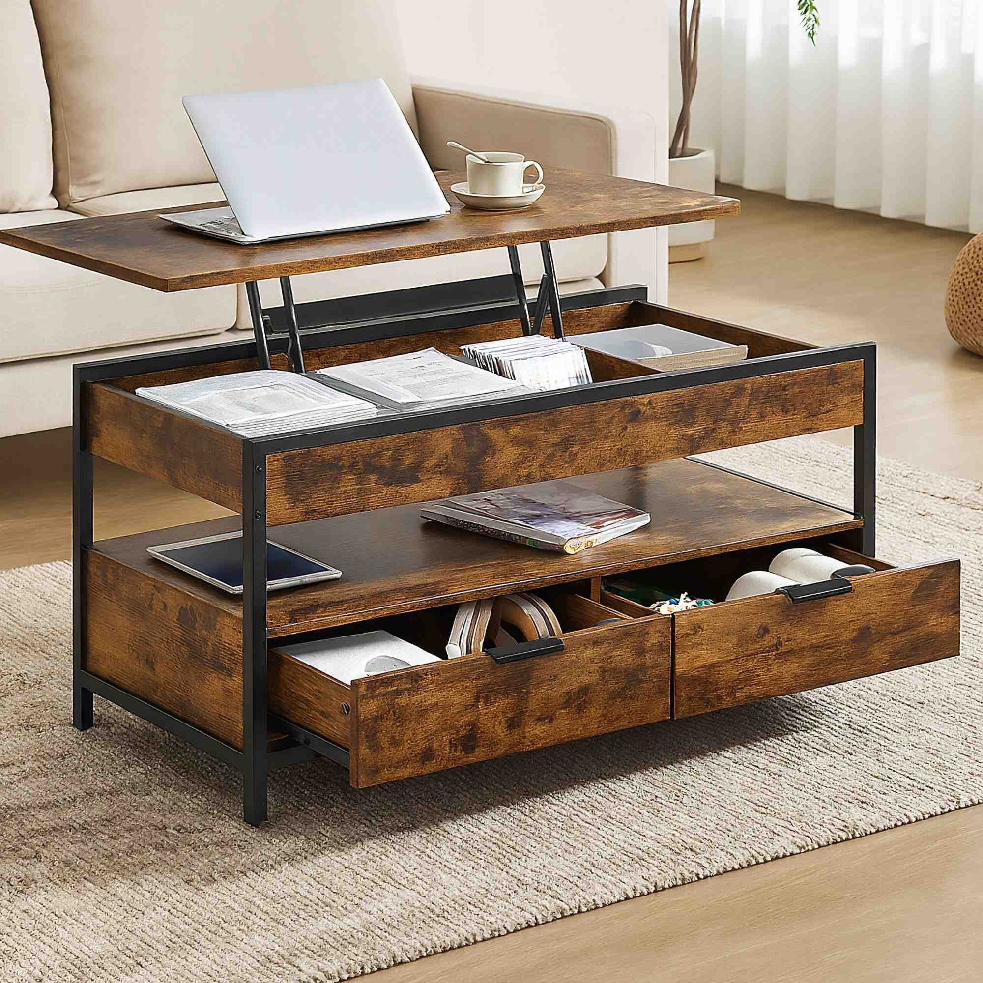 Mesa de centro com gavetas e tampo ajustável.