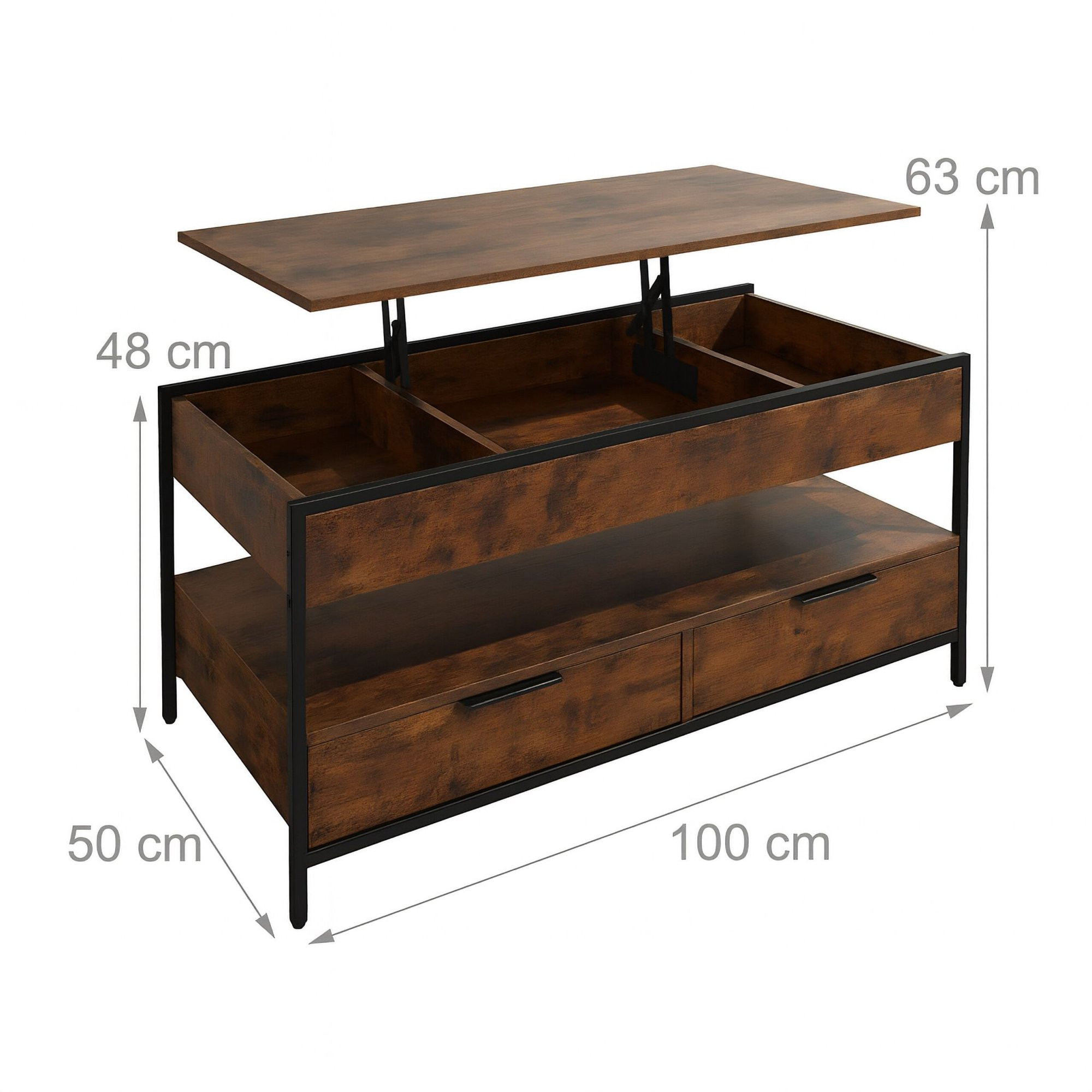 Mesa de centro com gavetas e tampo ajustável.
