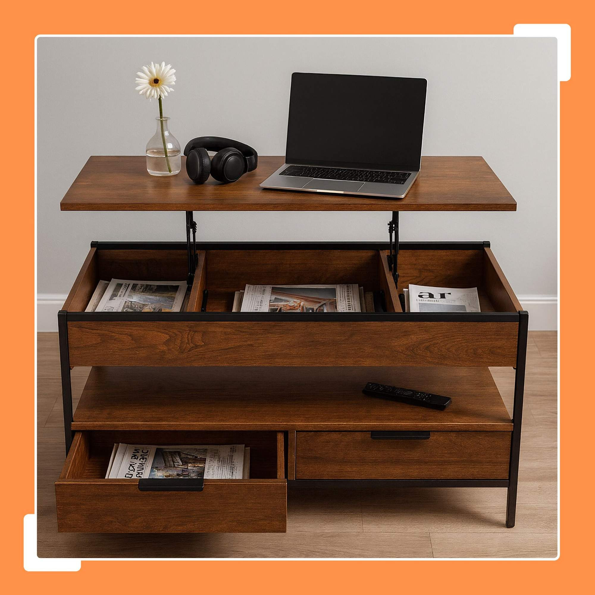 Mesa de centro com gavetas e tampo ajustável.