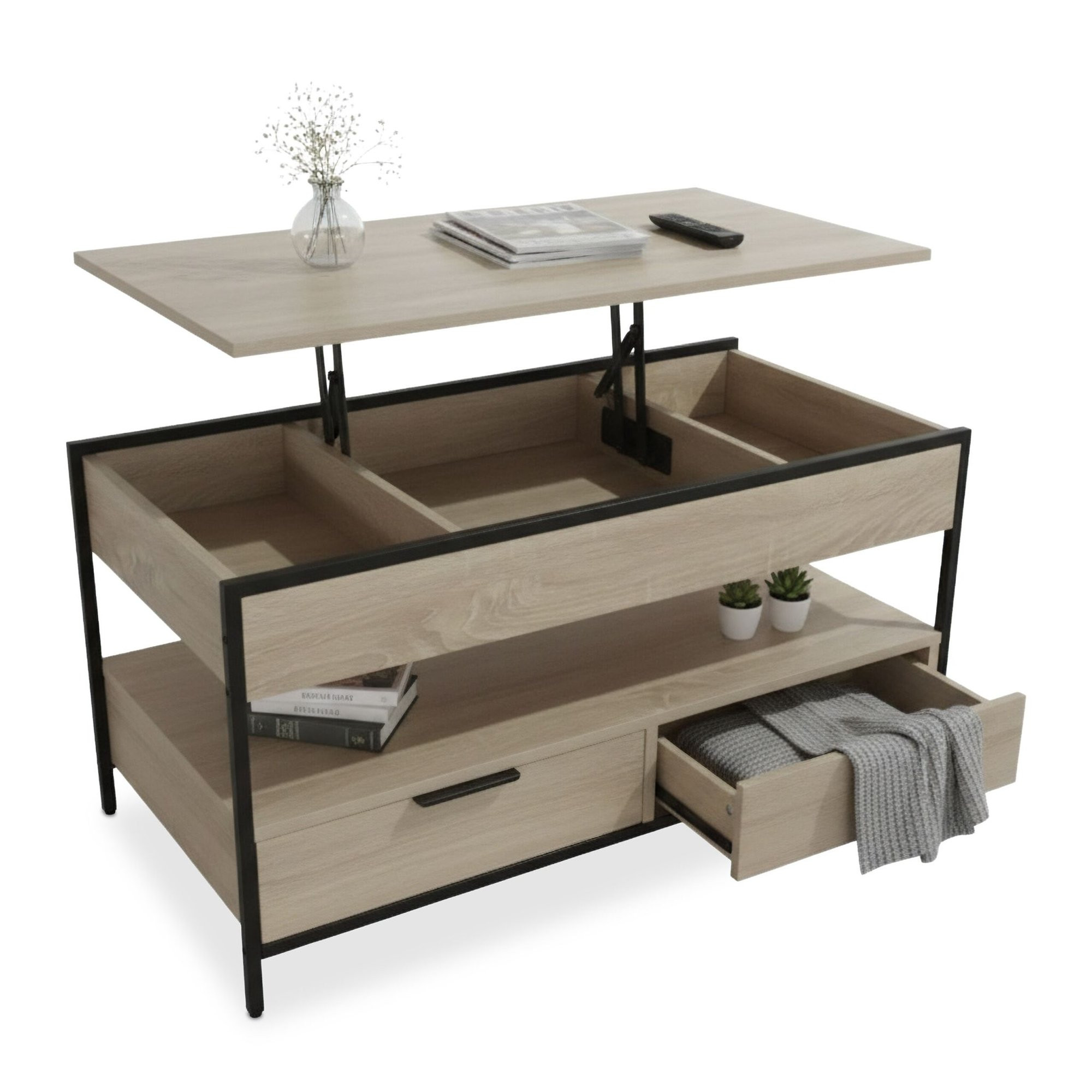 Mesa de centro com gavetas e tampo ajustável.