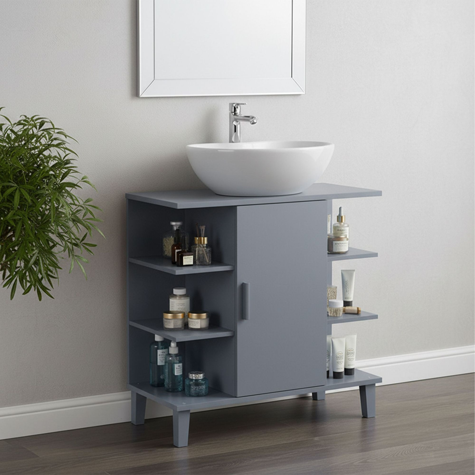 Mobile lavabo con anta e 6 ripiani aperti