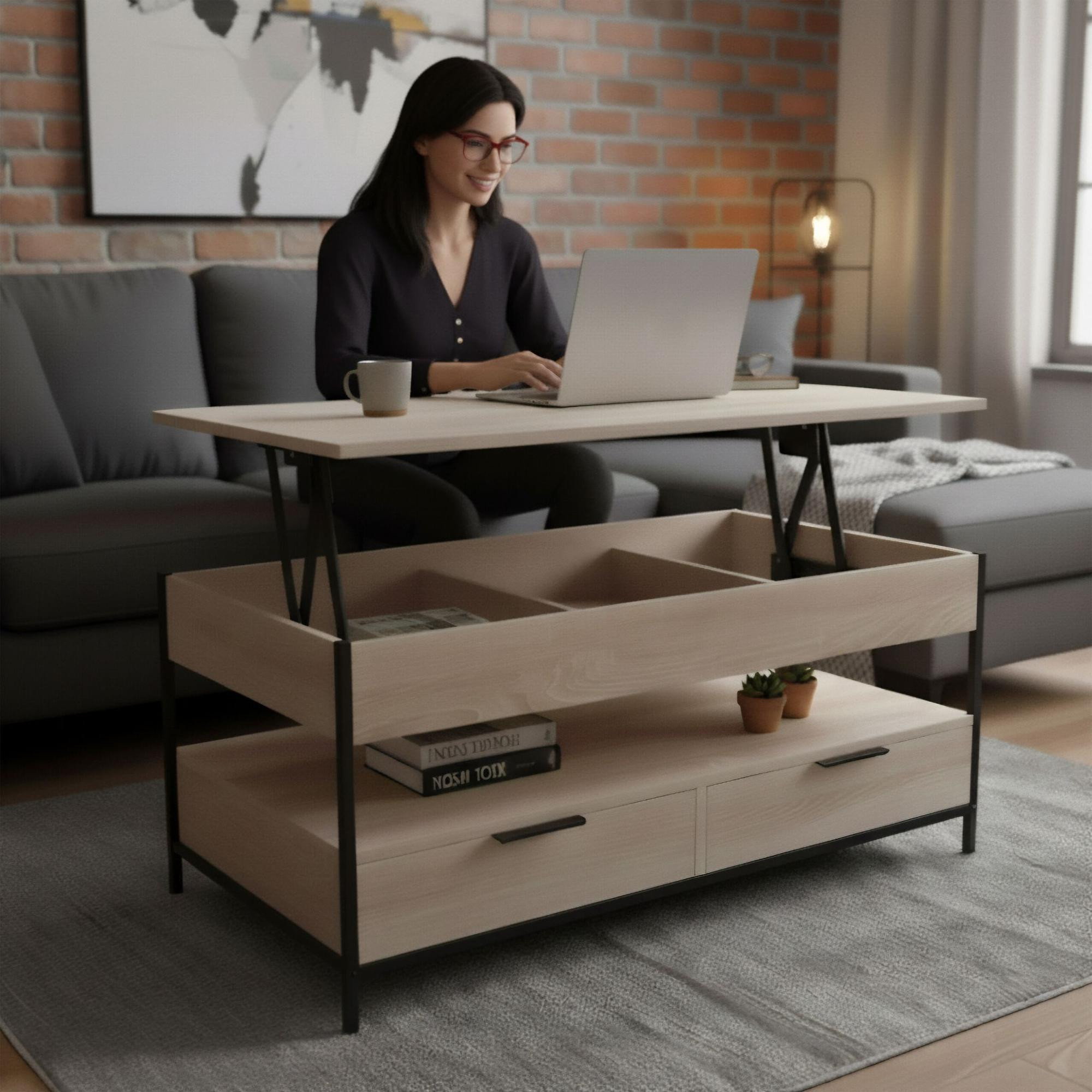 Mesa de centro com gavetas e tampo ajustável.