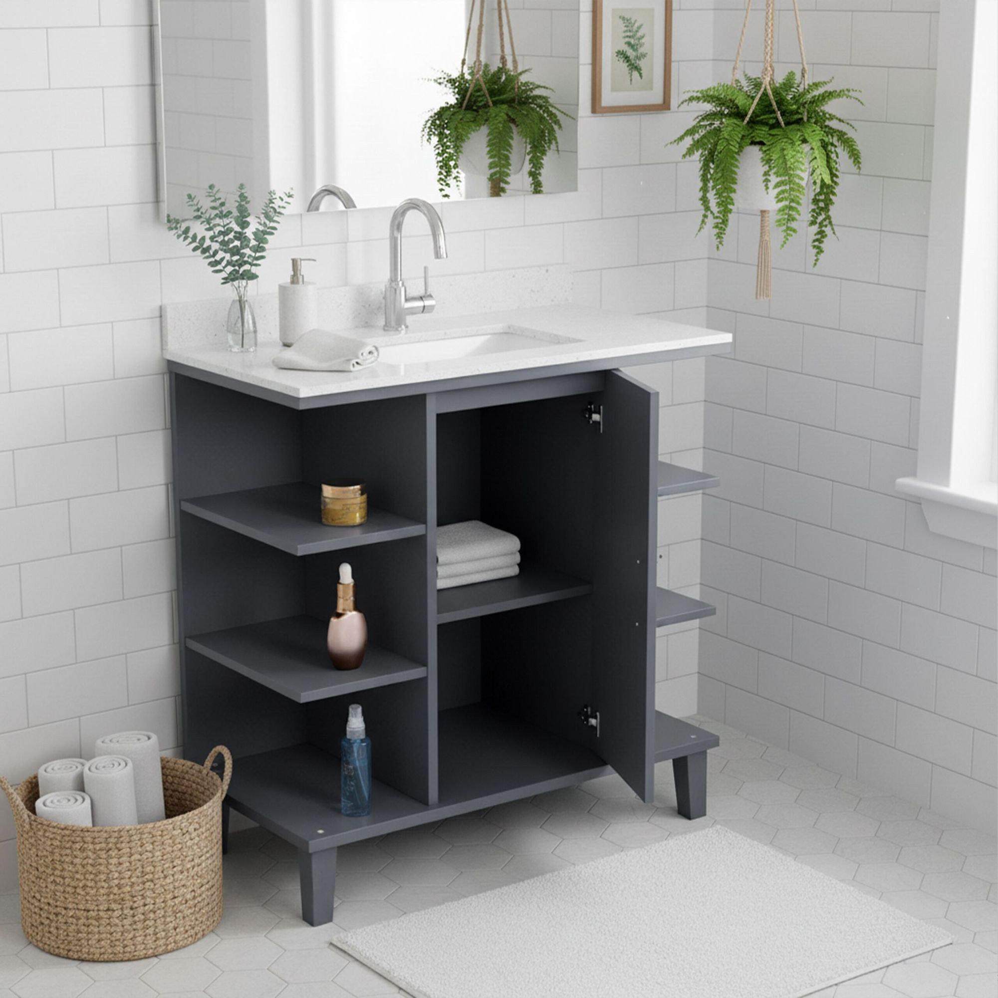 Mobile lavabo con anta e 6 ripiani aperti