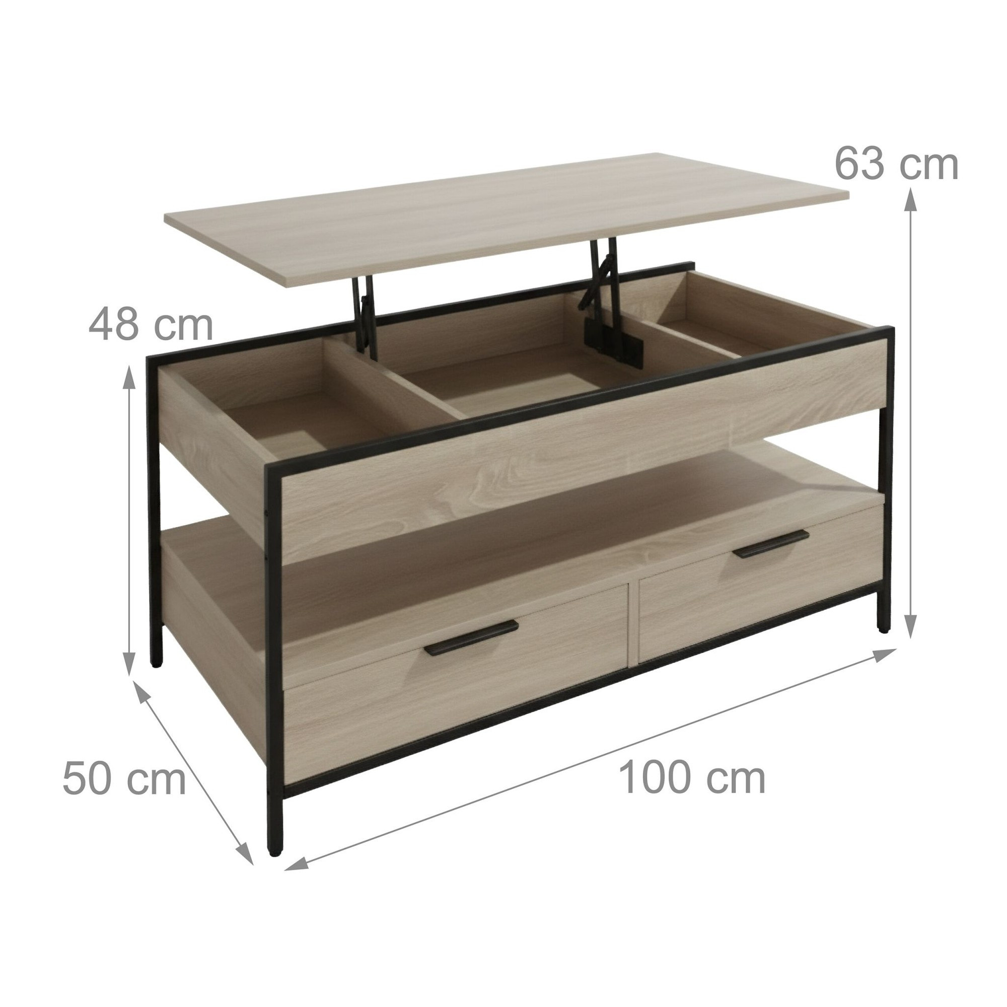 Mesa de centro com gavetas e tampo ajustável.