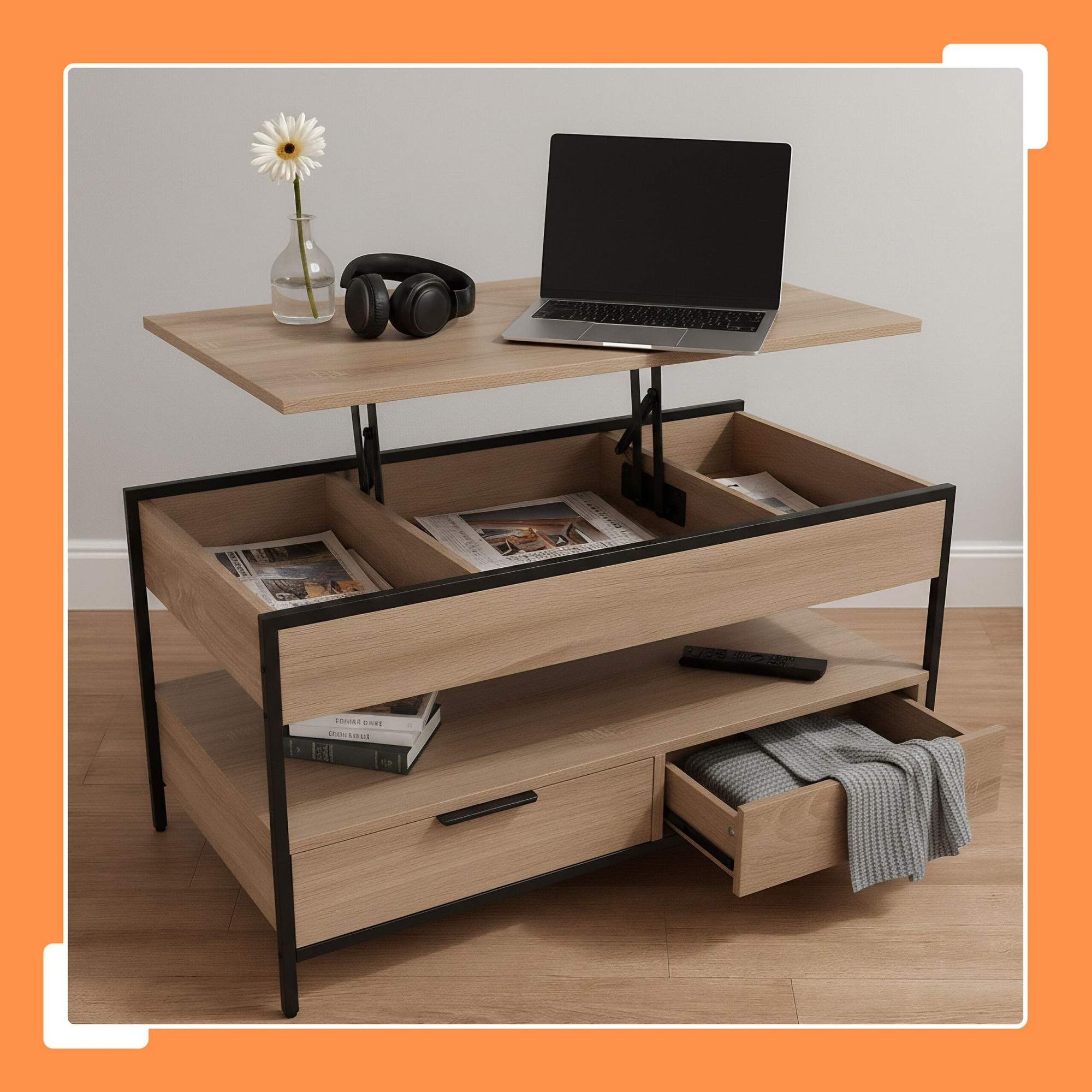 Mesa de centro com gavetas e tampo ajustável.