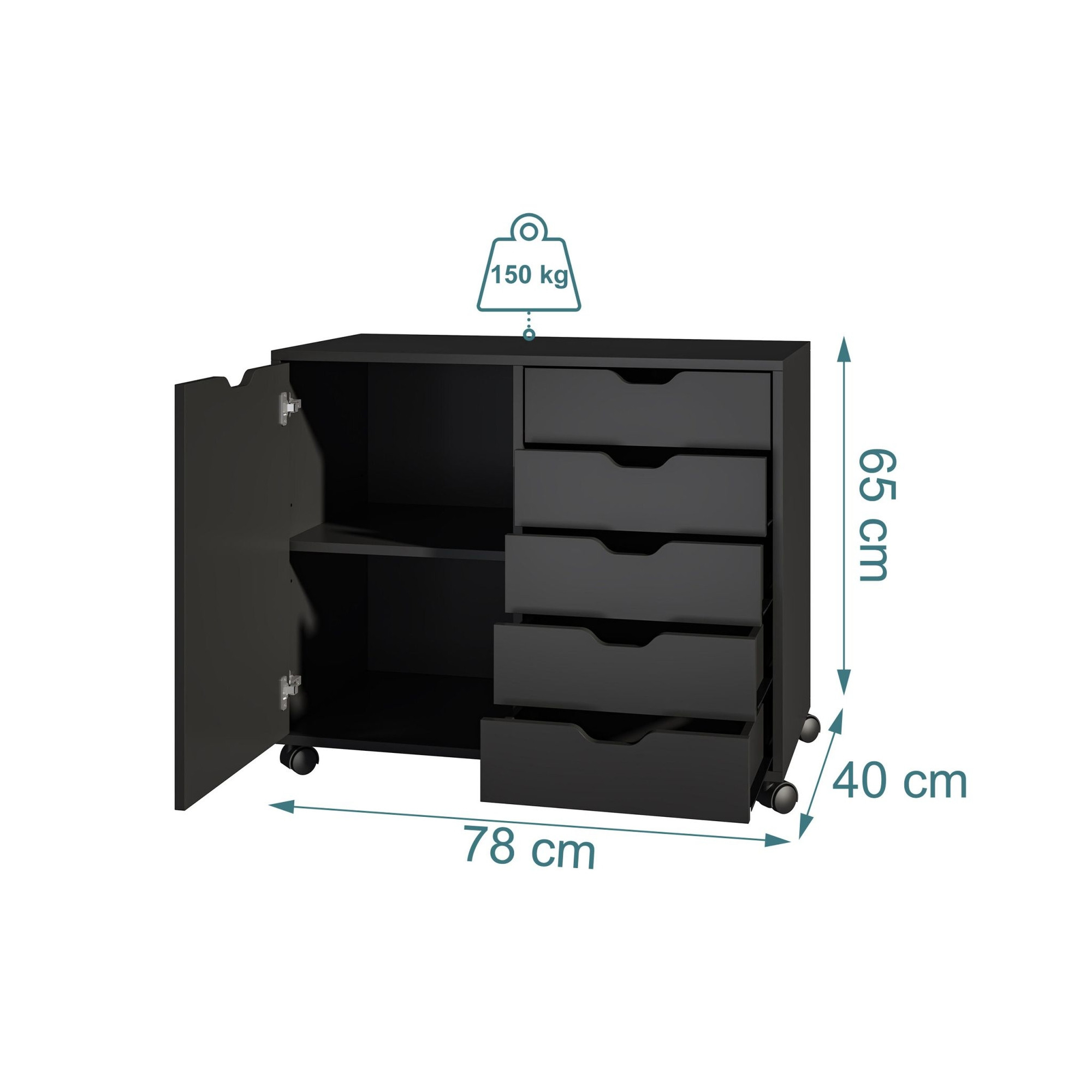 Carrello da ufficio con 5 cassetti e 2 ripiani
