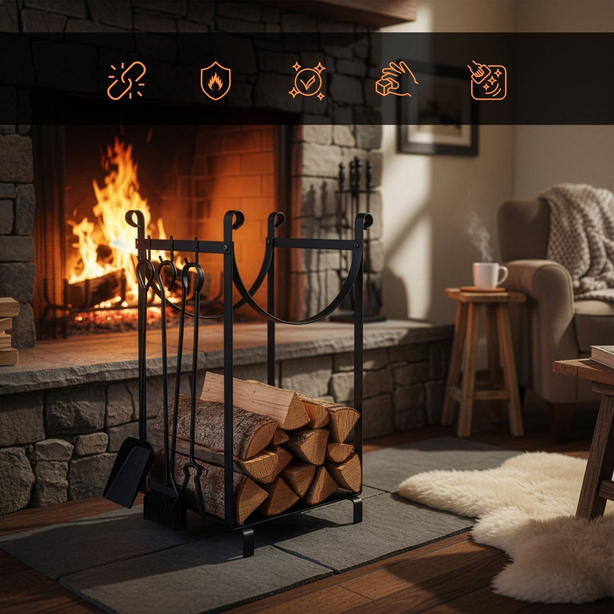 Range-bûches avec accessoires de cheminée – Solution de rangement i...