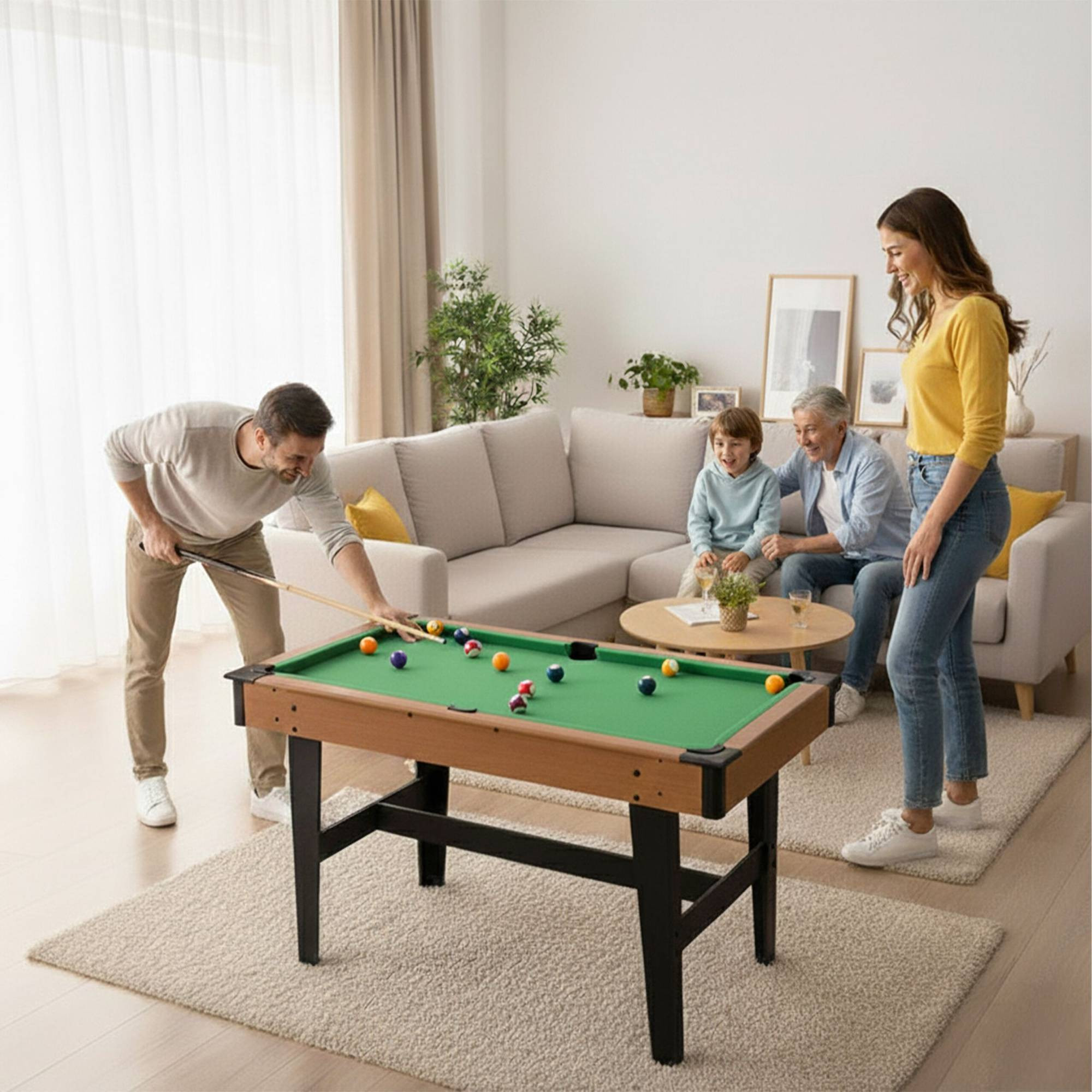 Table de billard compacte avec queues et boules, construction en MDF