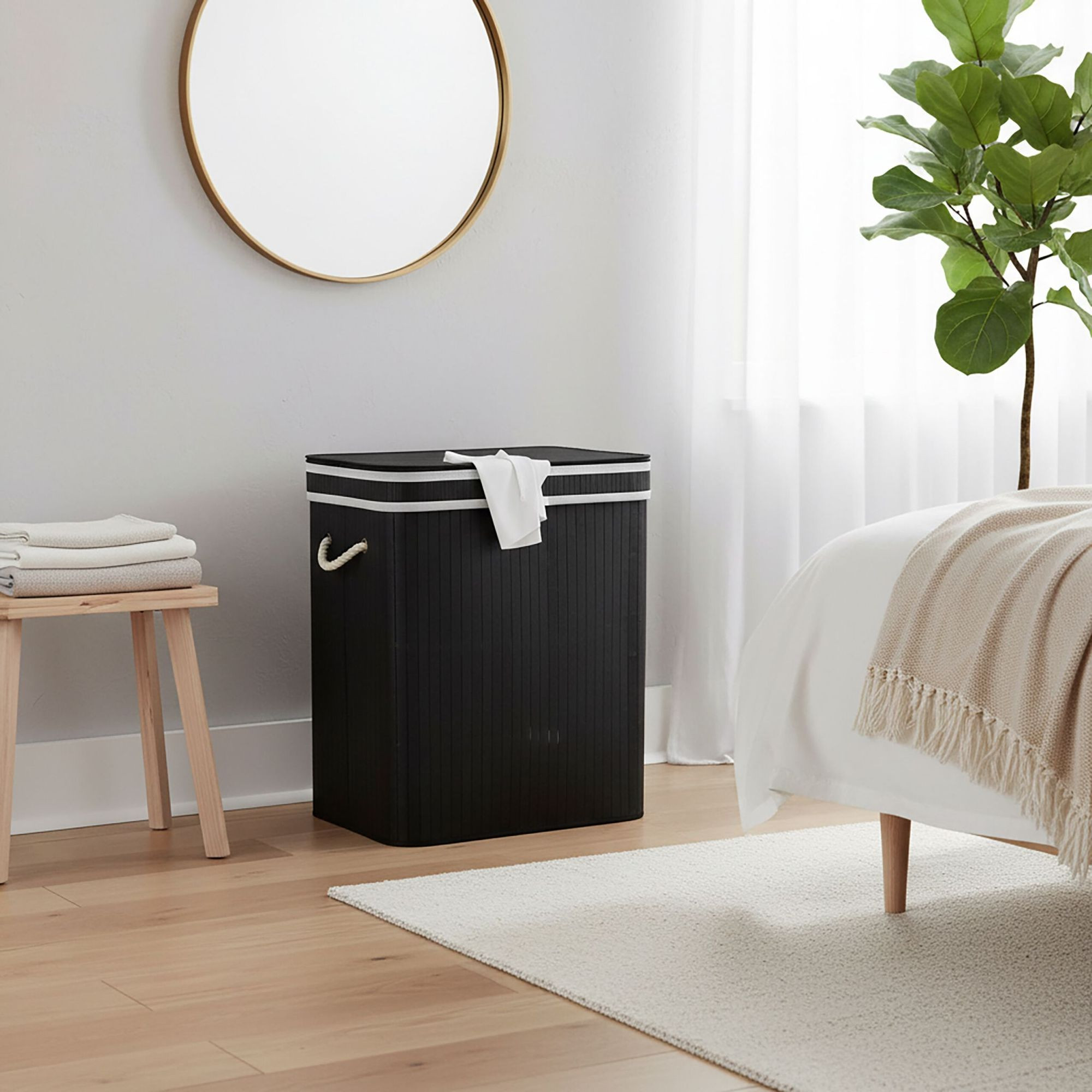 Panier à linge en bambou, 2 compartiments, pliable